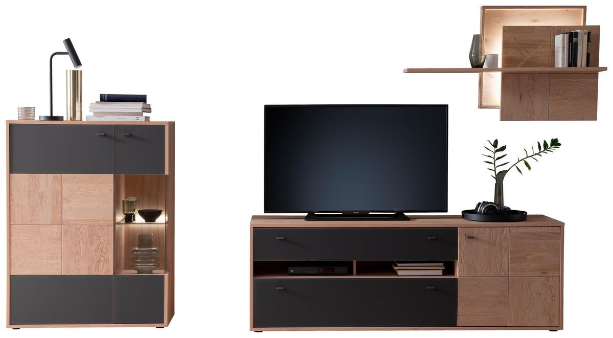 Wohnkombination teilmassiv 3tlg. Valencia Anthrazit/Eiche - Eiche Bianco/Anthrazit, Design, Glas/Holz (328/193/50cm) - MID.YOU