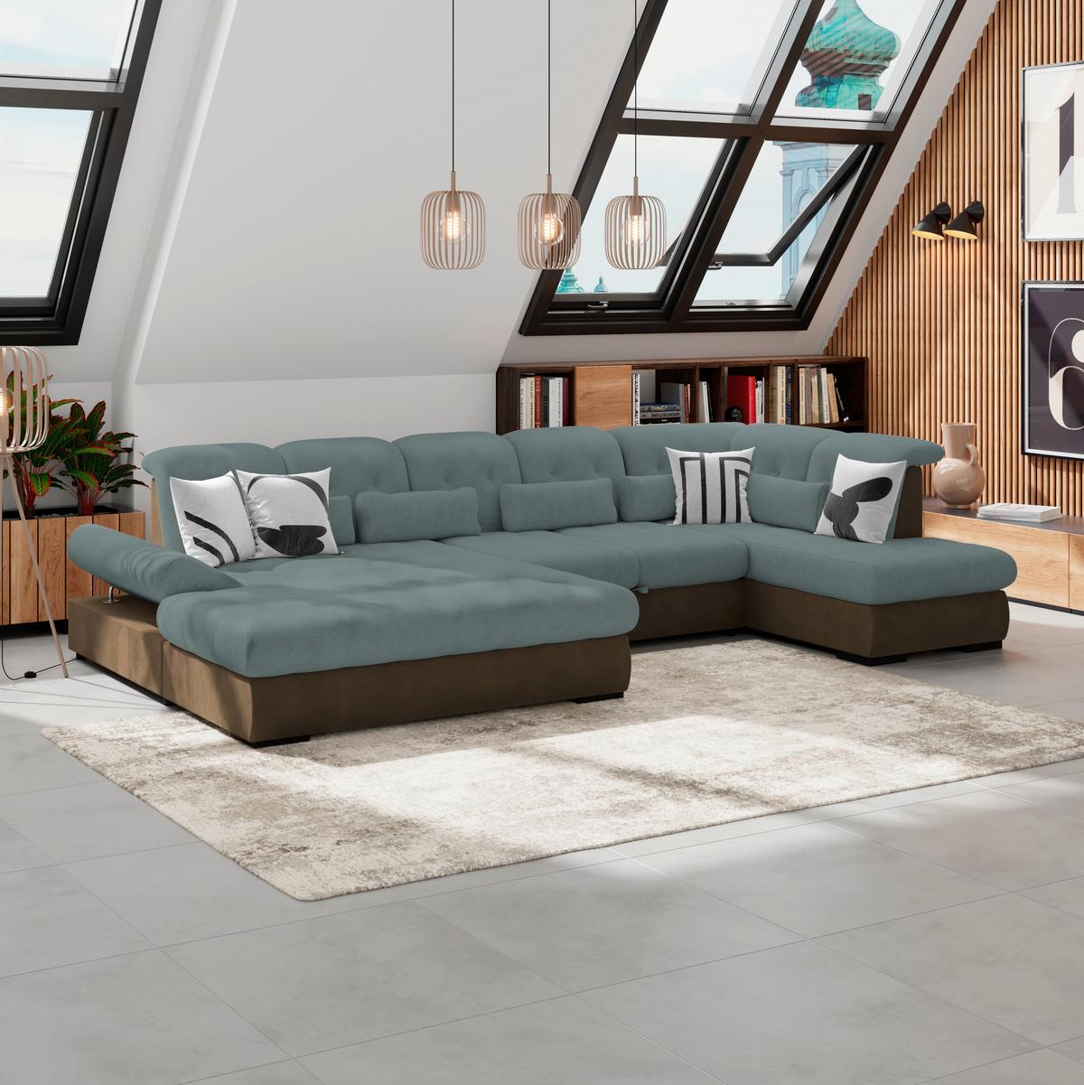 Wohnlandschaft Madera Blaugrün S: 358x312 cm - Blau/Hellbraun, KONVENTIONELL, Kunststoff/Textil (190/358/212cm)