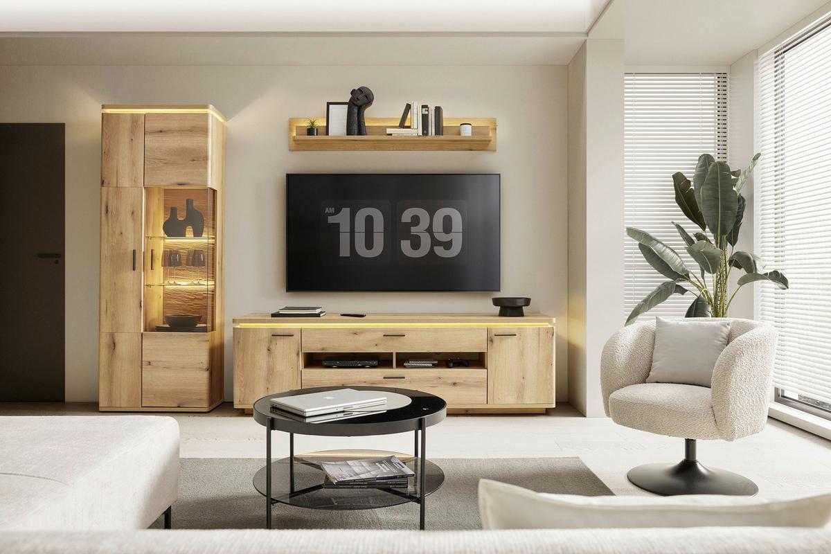 KOMODA POD TELEVIZI ALAMEDA -TOP- -BASED- - barvy dubu/antracitová, Moderní, kov/kompozitní dřevo (210/65/50cm) - Based