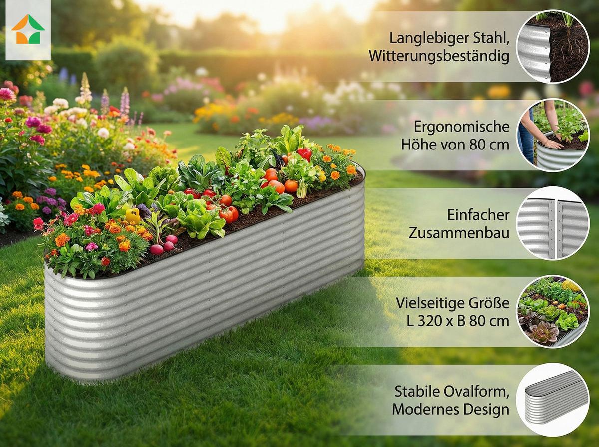 Hochbeet, silber LxBxH: ca. 320x80x80 cm - Silberfarben, Basics, Metall (320/80/80cm) - Prestige Home