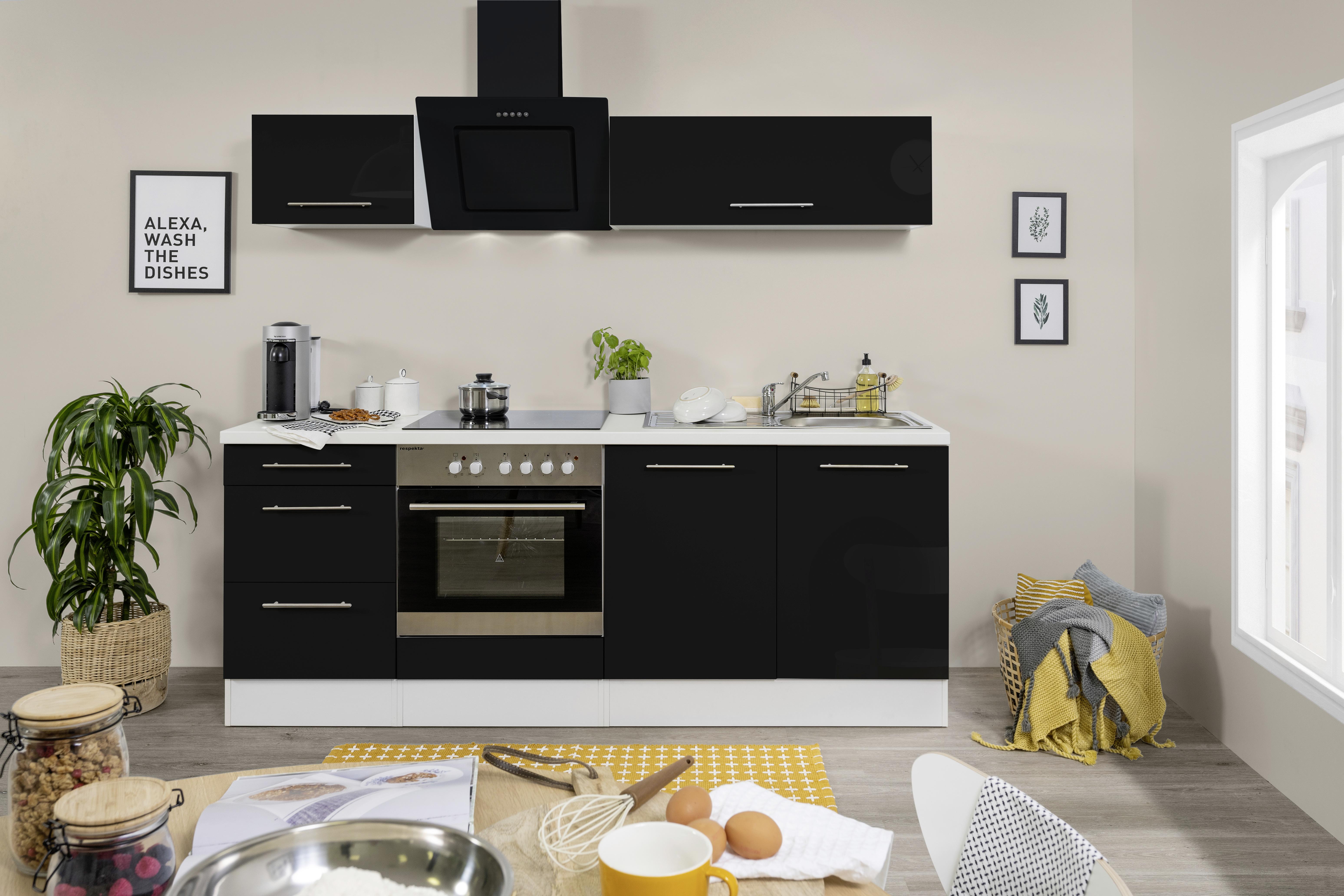 Küchenzeile mit Geräten 210 cm Schwarz Hochglanz - Schwarz/Weiß, KONVENTIONELL, Holzwerkstoff (210cm) - Respekta