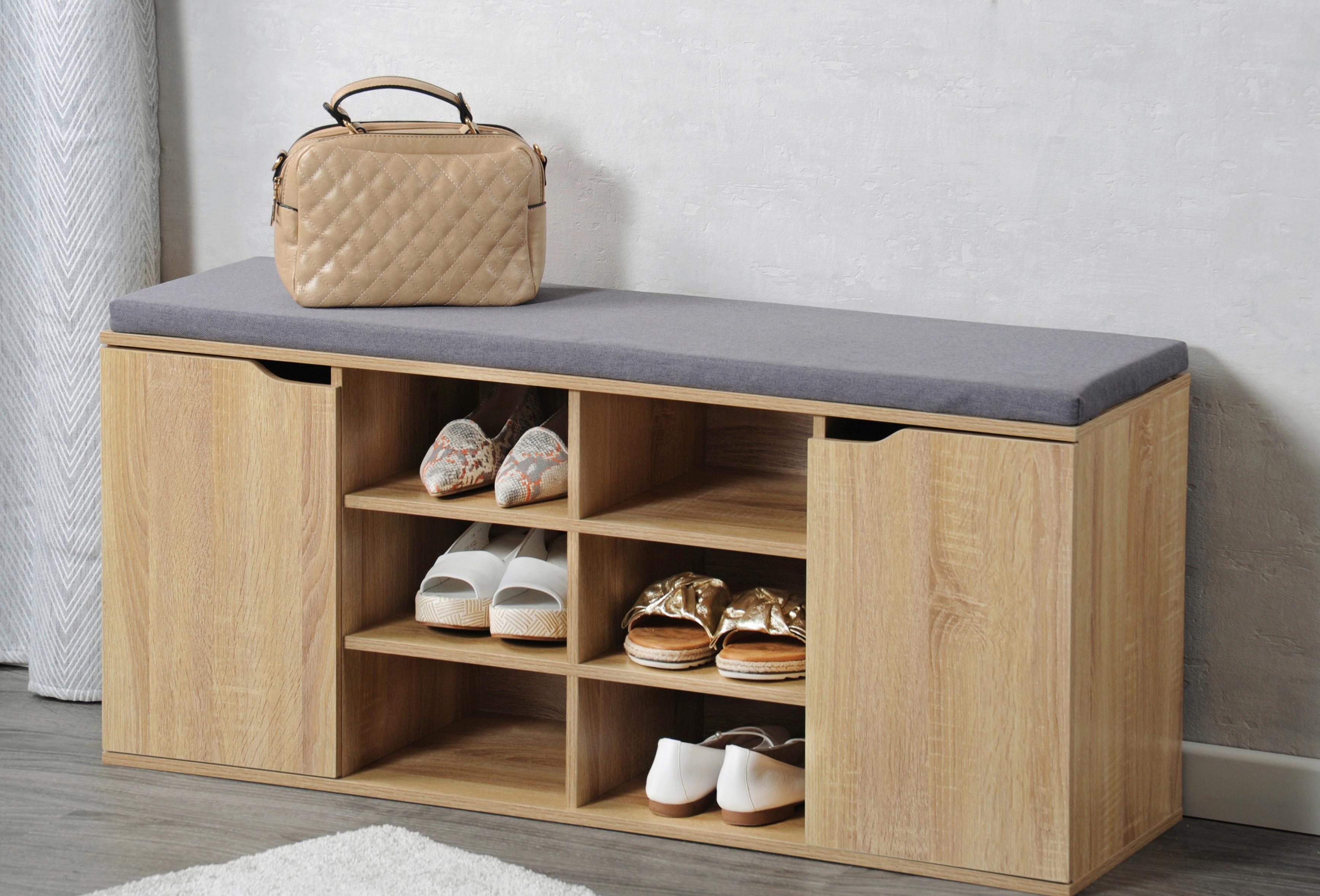 Schuhschrank Eiche Dekor/Grau Mit Sitzkissen B: 103 cm - Grau/Sonoma Eiche, Basics, Holzwerkstoff (103/48/30,50cm) - Kesper