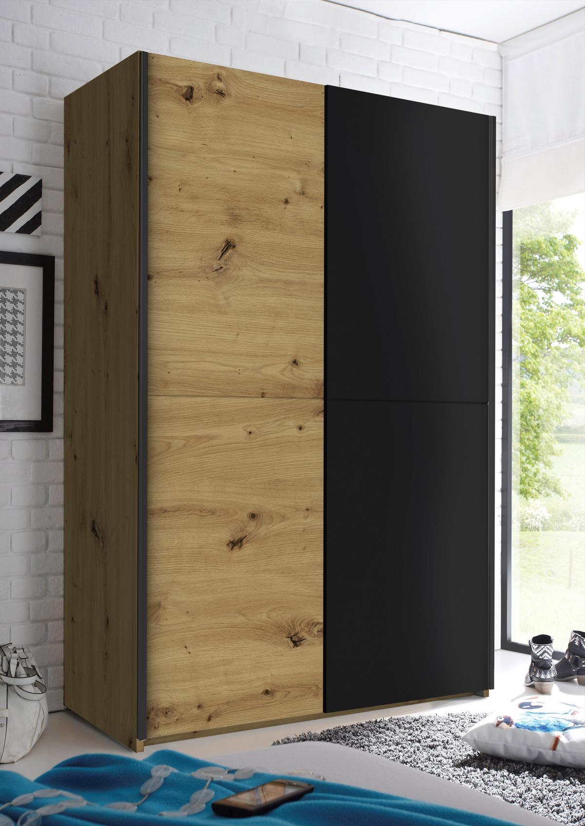 Schwebetürenschrank 125 cm Starter, Eiche Dekor/ Schwarz - Eichefarben/Schwarz, Basics, Holzwerkstoff (125/195,5/38cm) - P & B