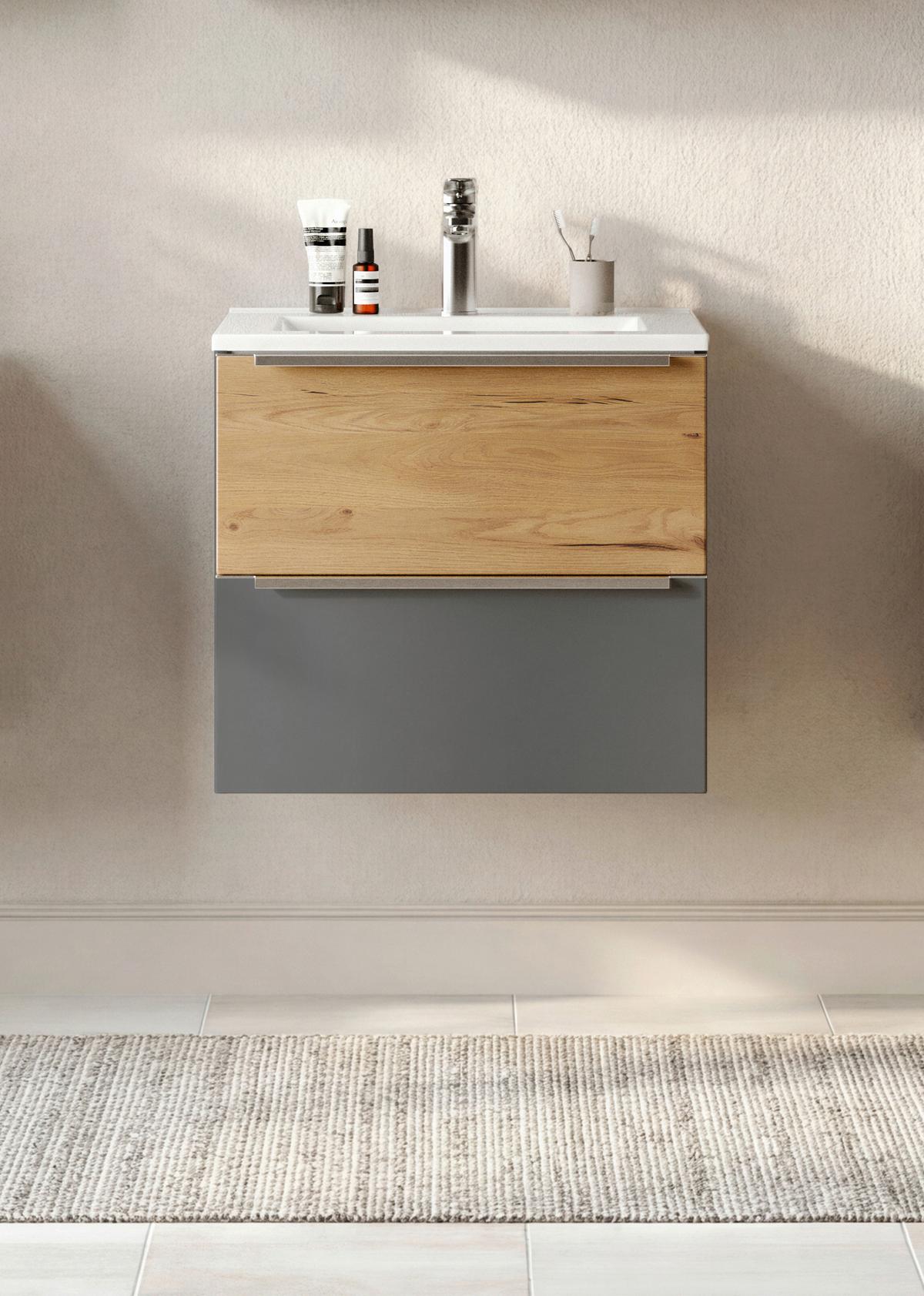 WASCHTISCHKOMBI Verona Grau/Wildeiche B: 60cm - Wildeiche/Weiß, Trend, Holzwerkstoff/Stein (60/54/47cm) - Held