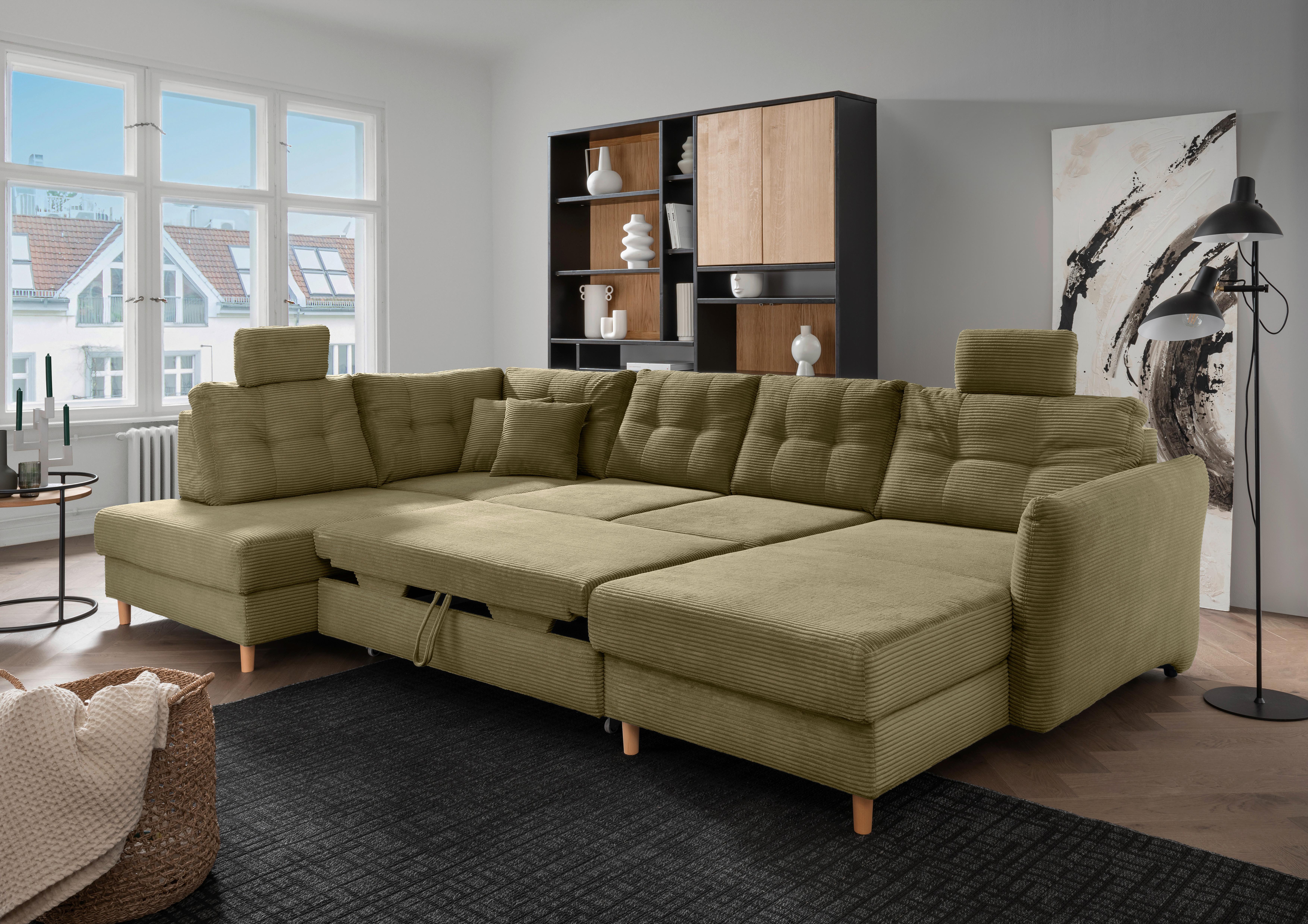 Wohnlandschaft Brizzini Mit Schlaffunktion, Olivgrün - Naturfarben/Olivgrün, MODERN, Textil (206/338-352/176cm) - Livetastic