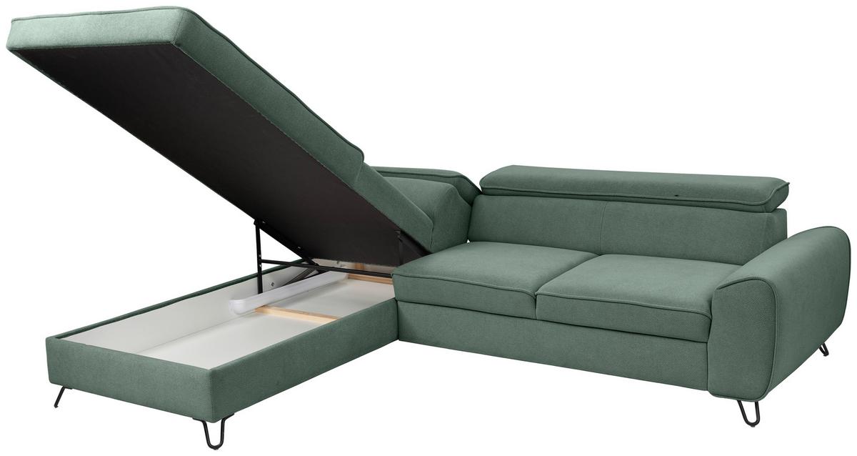Rohová sedačka IDYLLA, levá lesní zelená,úl.prostor,lůžko - černá/lesní zelená, Design, kov/textil (200/250cm)