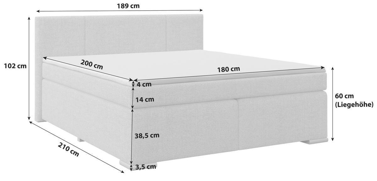 Boxspringbett mit Topper 180x200 Mira - Alufarben/Grau, Basics, Textil (180/200cm)
