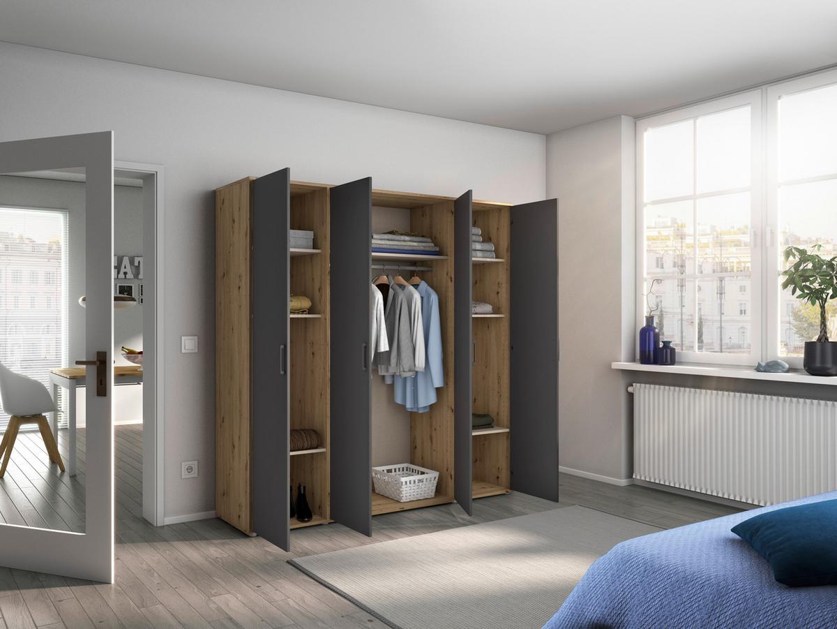 Drehtürenschrank Voyager Eiche Artisan,grau B: 187 Cm - Eiche Artisan/Grau, MODERN, Holzwerkstoff (187/194/53cm) - Rauch Möbel