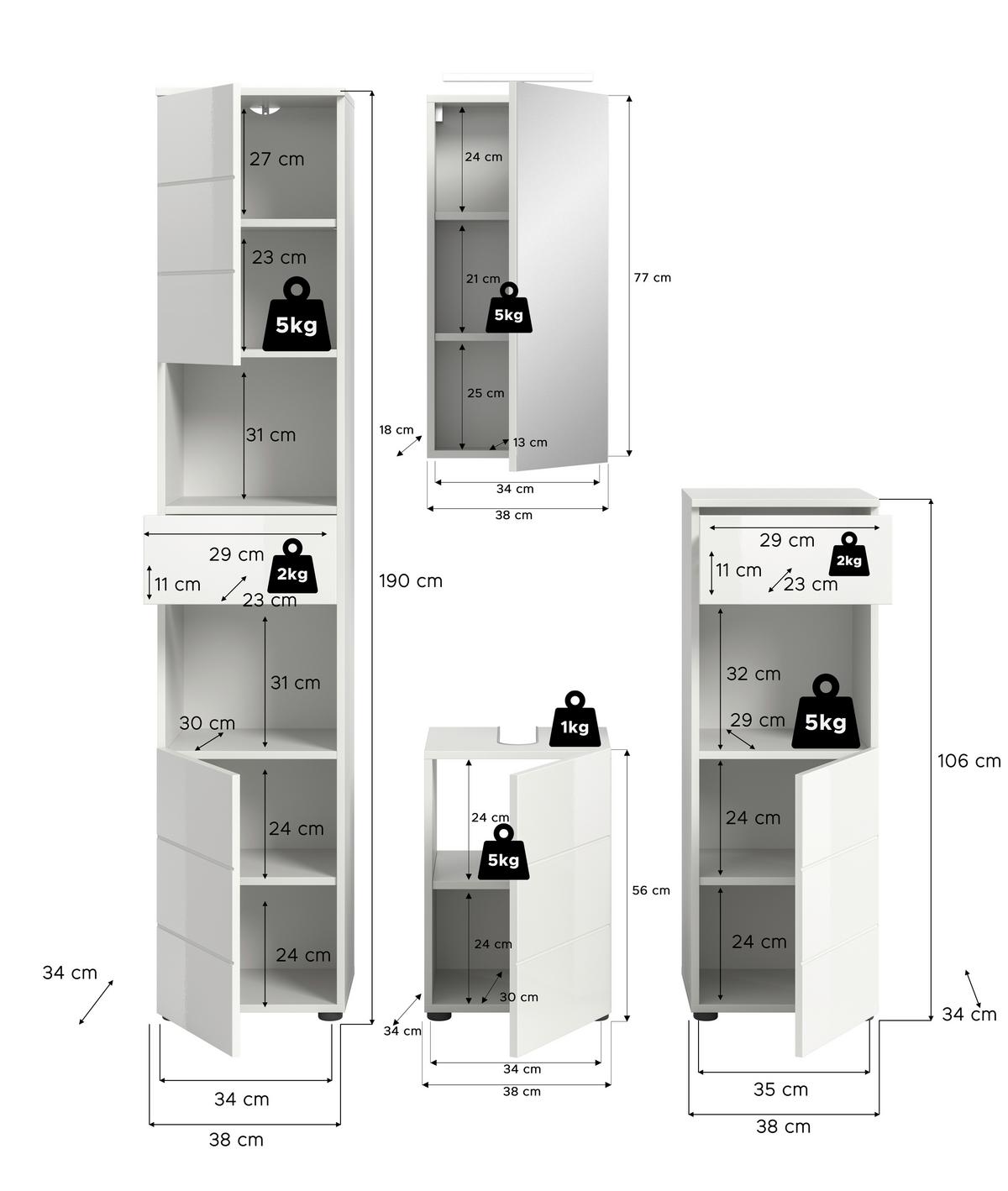 Badezimmer Vira Weiß B: 114 cm - Weiß Hochglanz/Schwarz, MODERN, Holzwerkstoff (114cm) - MID.YOU