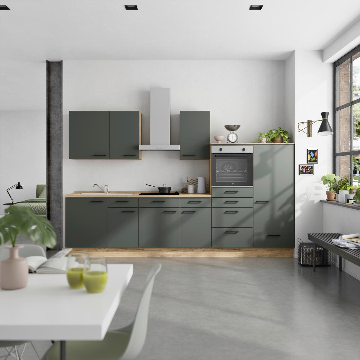 Kuchyňská linka 330 cm, minerální zelená,ultra matná - barvy dubu/černá, Moderní, kov/kompozitní dřevo (330cm) - Nobilia