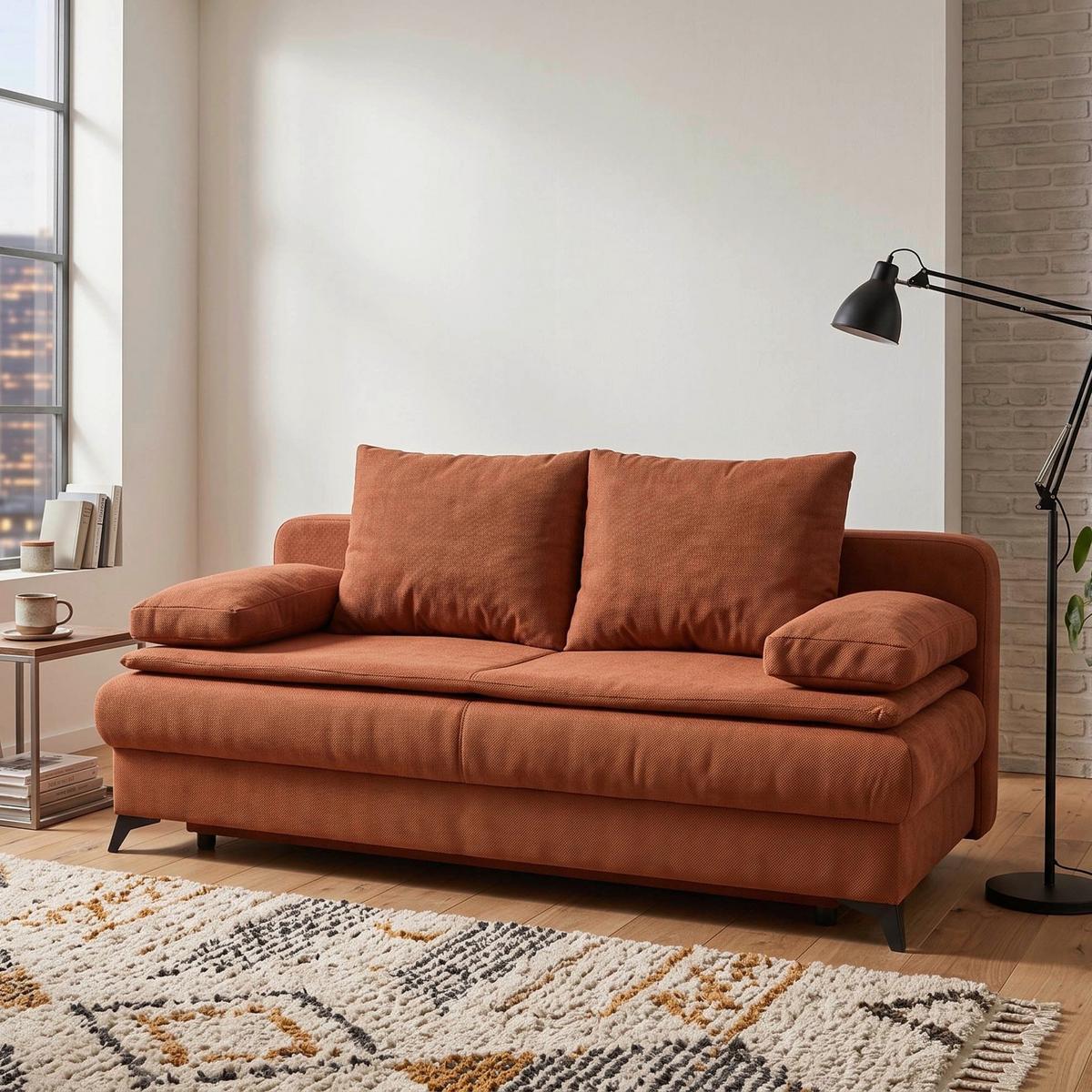 Rozkládací pohovka KEN, rezavá - oranžová/černá, Konvenční, kompozitní dřevo/textil (209/90/105cm) - Based