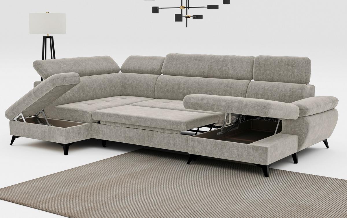 Wohnlandschaft mit Bettkasten Hudson Schlammfarben - Schlammfarben/Schwarz, Textil (207/324/166cm) - MID.YOU