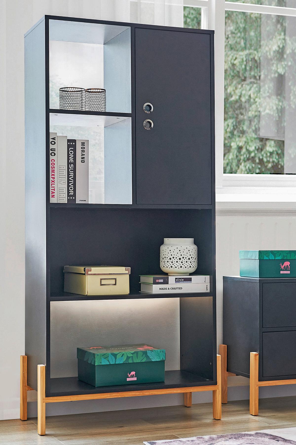 Regal Schwarz B: 72,5cm - Schwarz/Naturfarben, Design, Holzwerkstoff (72,5/154/35,5cm) - Livetastic