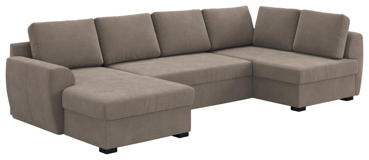Wohnlandschaft m. Bettfunktion Cord taupe, B: 327cm - Taupe/Schwarz, Trend, Textil (154/327/86cm) - MID.YOU