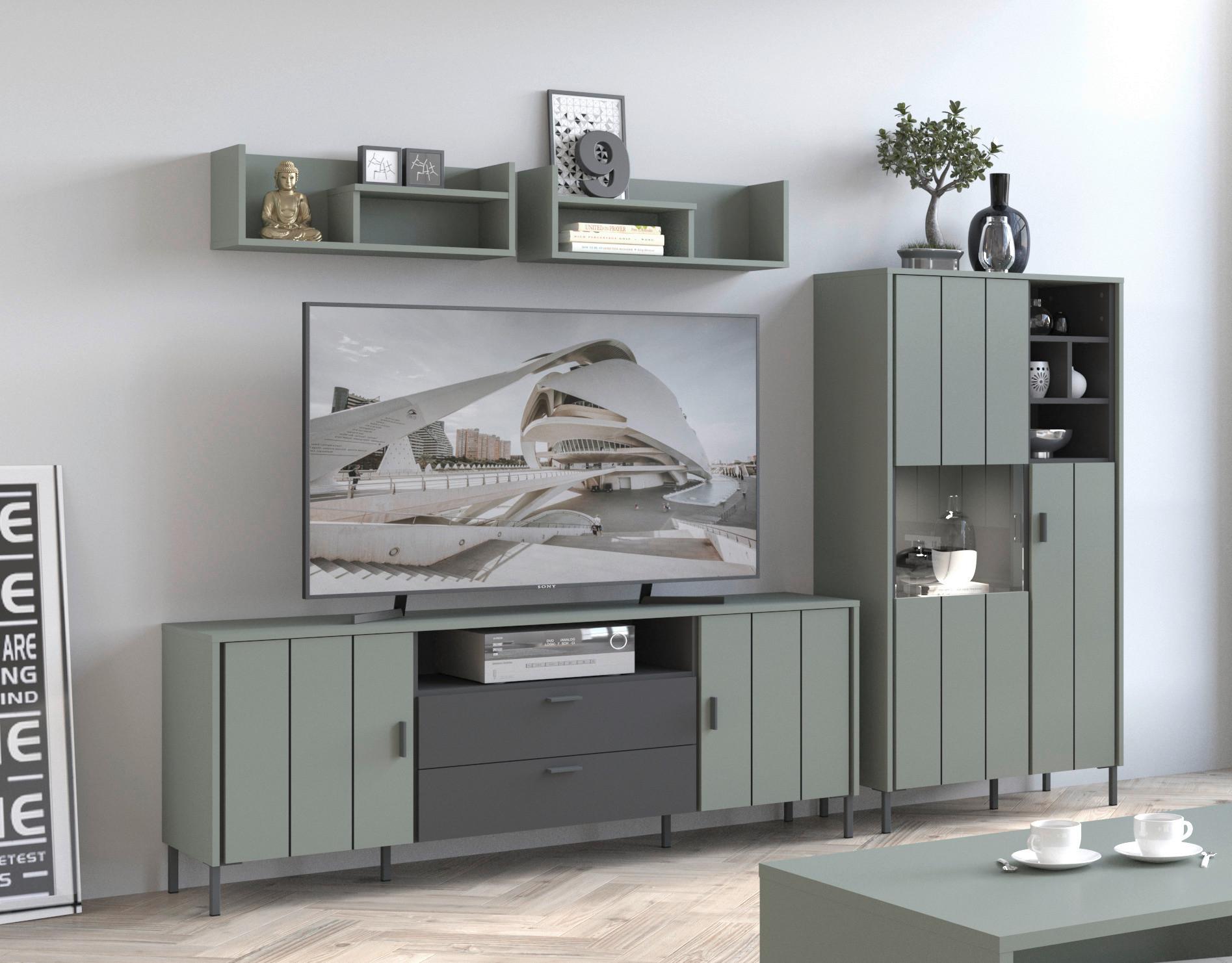 Stapelprogramm Shirley Grau/Grün/Schwarz B: 255,3 cm - Schwarz/Grau, Design, Glas/Holzwerkstoff (255,3/156/40cm)