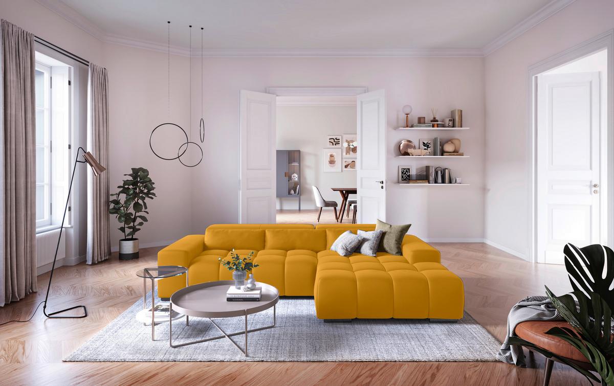 Ecksofa mit Relaxfunktion Orion Kopfstütze Klappbar Currygelb - Currygelb/Silberfarben, KONVENTIONELL, Textil (307/186cm) - Livetastic