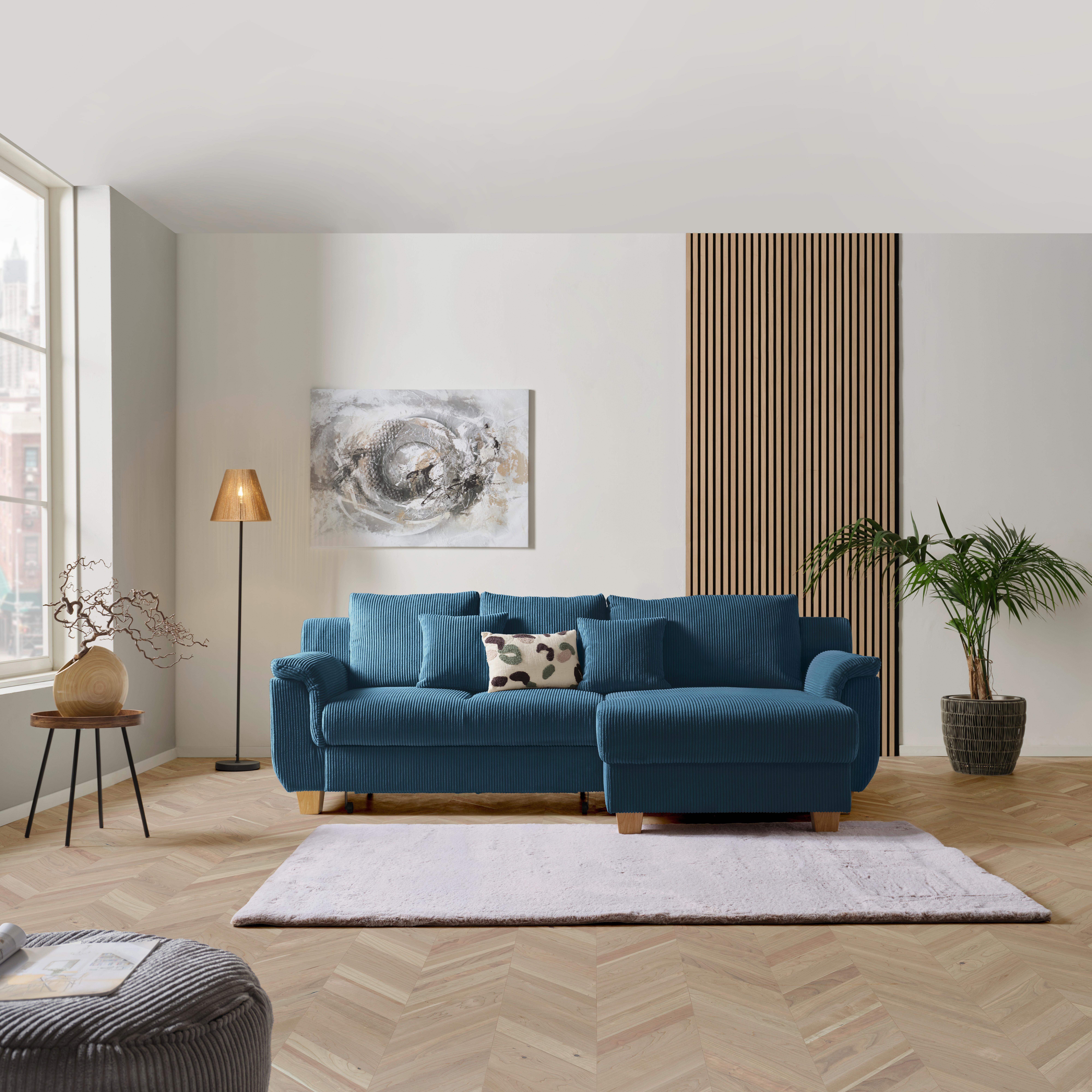 Rohová sedačka ALEX, tmavě modrý manšestr - přírodní barvy/tmavě modrá, Moderní, textil/plast (246/88cm)