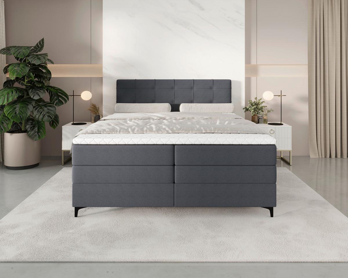Boxspringbett Mitto mit Topper 180x200 cm - Blaugrau/Schwarz, KONVENTIONELL, Textil/Metall (180/200cm)