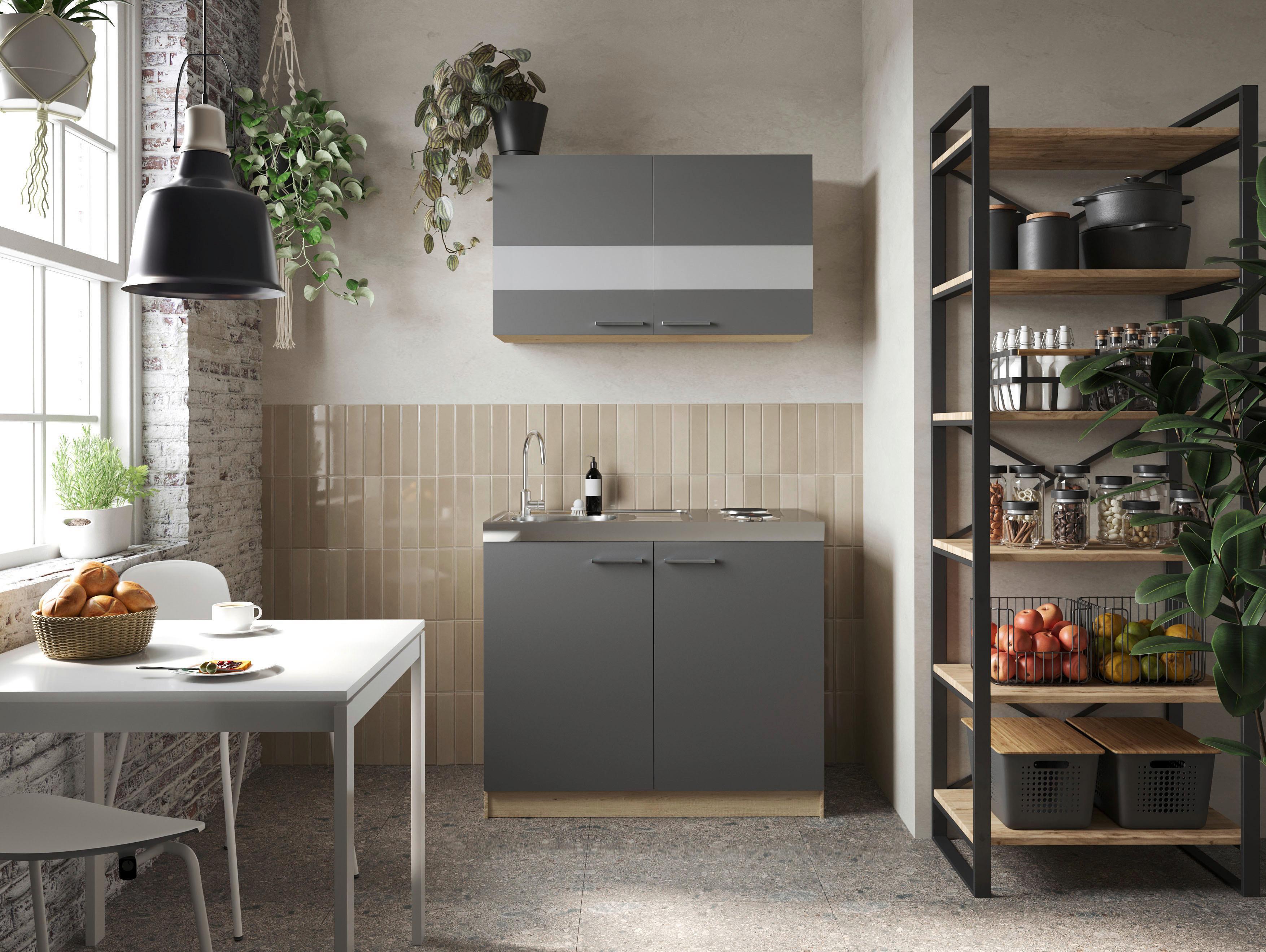Miniküche Merle Grau/Eiche Dekor B:100cm - Eichefarben/Grau, Basics, Glas/Holzwerkstoff (100cm) - Respekta