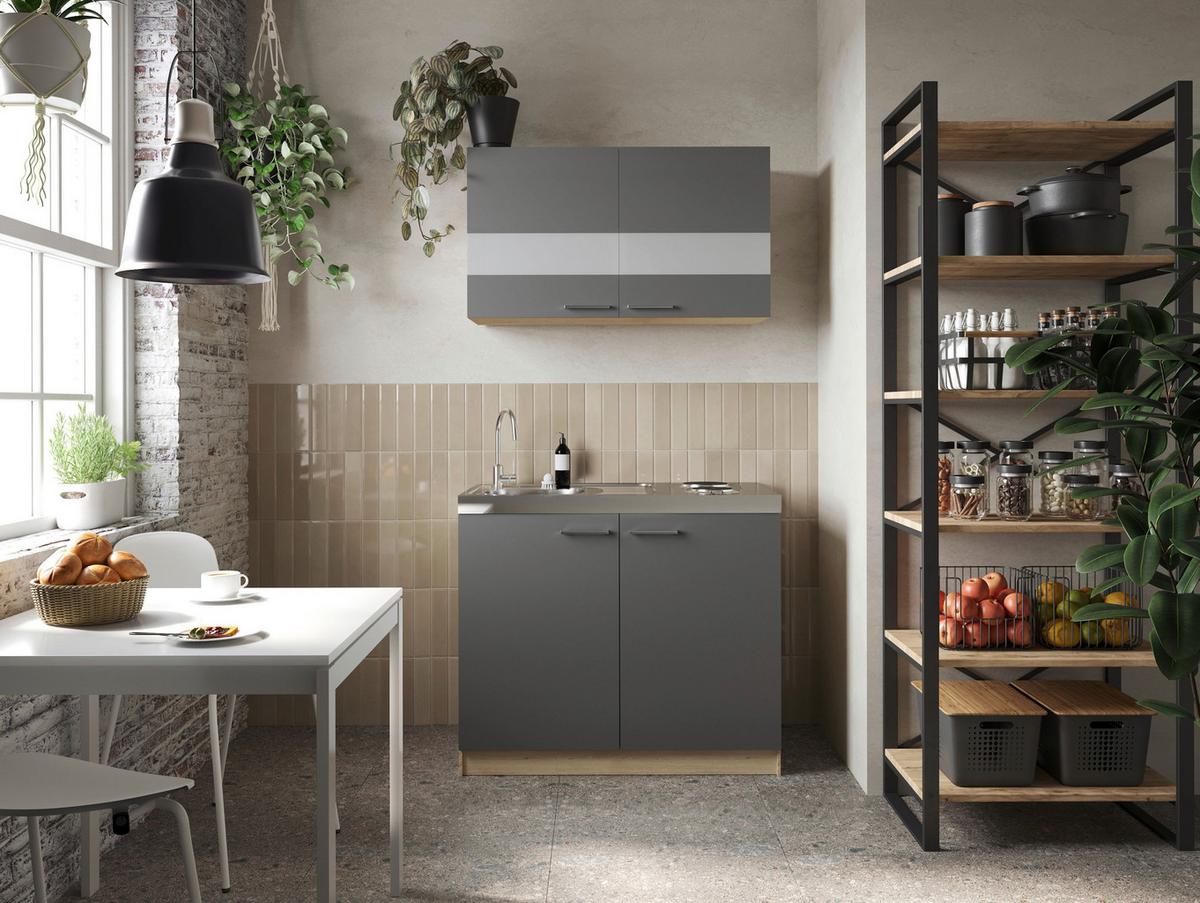 Miniküche Merle Grau/Eiche Dekor B:100cm - Eichefarben/Grau, Basics, Glas/Holzwerkstoff (100cm) - Respekta