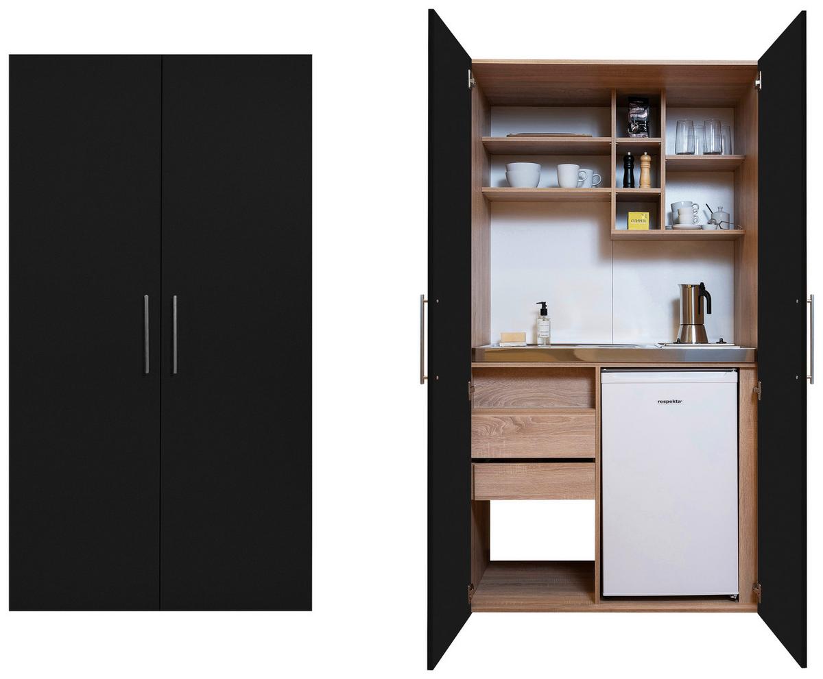 Schrankküche Mit Kühlschrank + Kochfeld 104 Cm Schwarz - Edelstahlfarben/Eichefarben, KONVENTIONELL, Holzwerkstoff/Metall (104/193/67cm) - Respekta