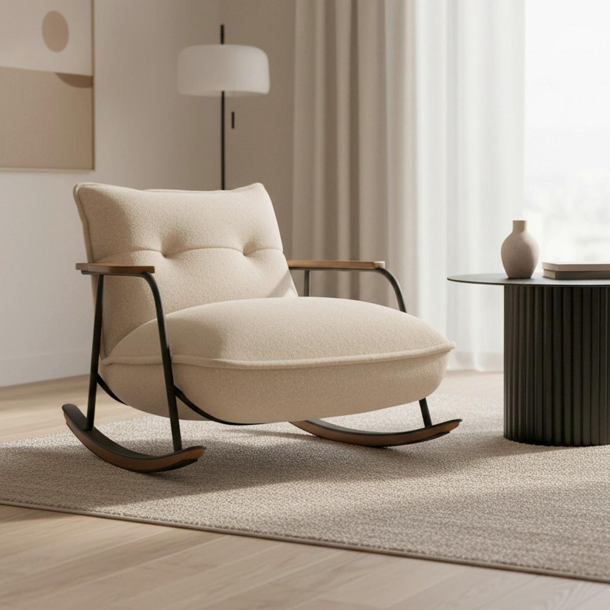 Houpací křeslo INES, béžové buklé, max. 120 kg - černá/přírodní barvy, Moderní, kov/dřevo (89/77/94cm) - Bessagi Home