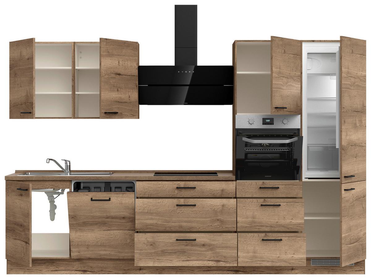Kuchyňská linka 330 cm, dekor dub Havanna - černá/tmavý dub, Moderní, kov/kompozitní dřevo (330cm) - Nobilia