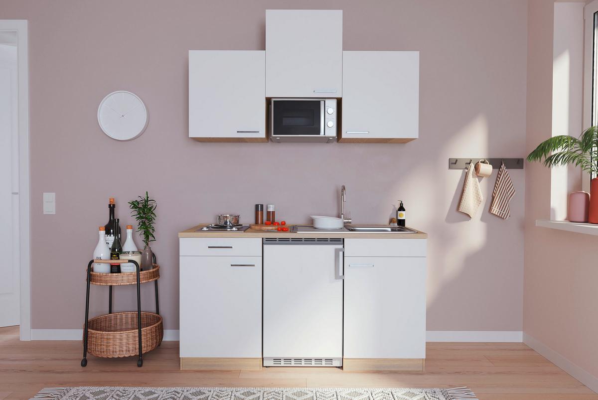Miniküche M. Mikrowelle + Kühlschrank 150 Cm Weiß/eiche - Eichefarben/Weiß, Basics, Holzwerkstoff (150cm) - Respekta