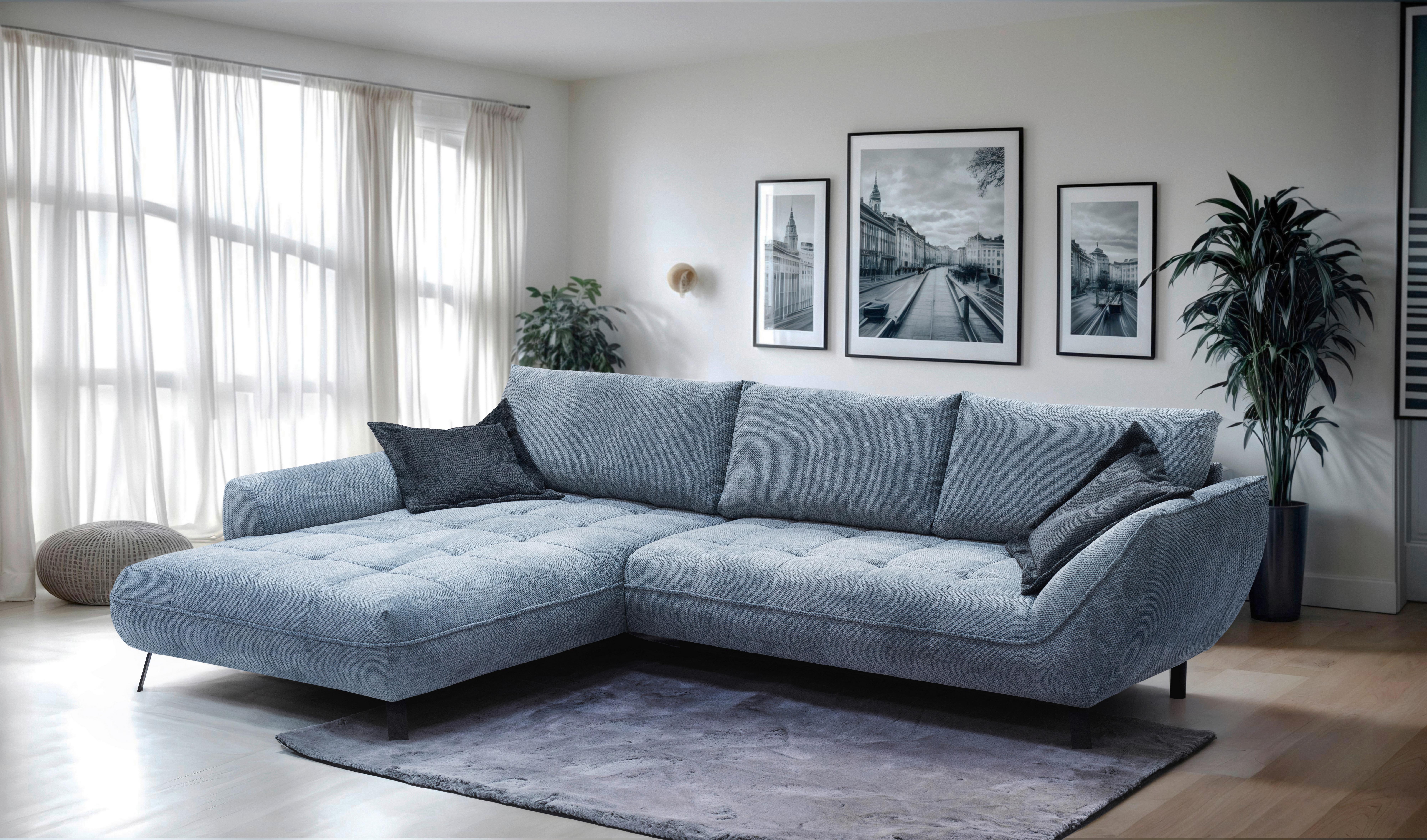 Ecksofa Biarritz Blau, Schenkel: 205x324 cm - Blau/Schwarz, Design, Textil (205/324cm) - Livetastic
