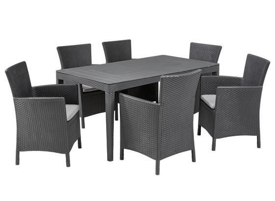 Loungegarnitur 7-Tlg. Girona aus Polyrattan mit Kissen - Graphitfarben/Grau, Basics, Kunststoff (90/74/160cm)