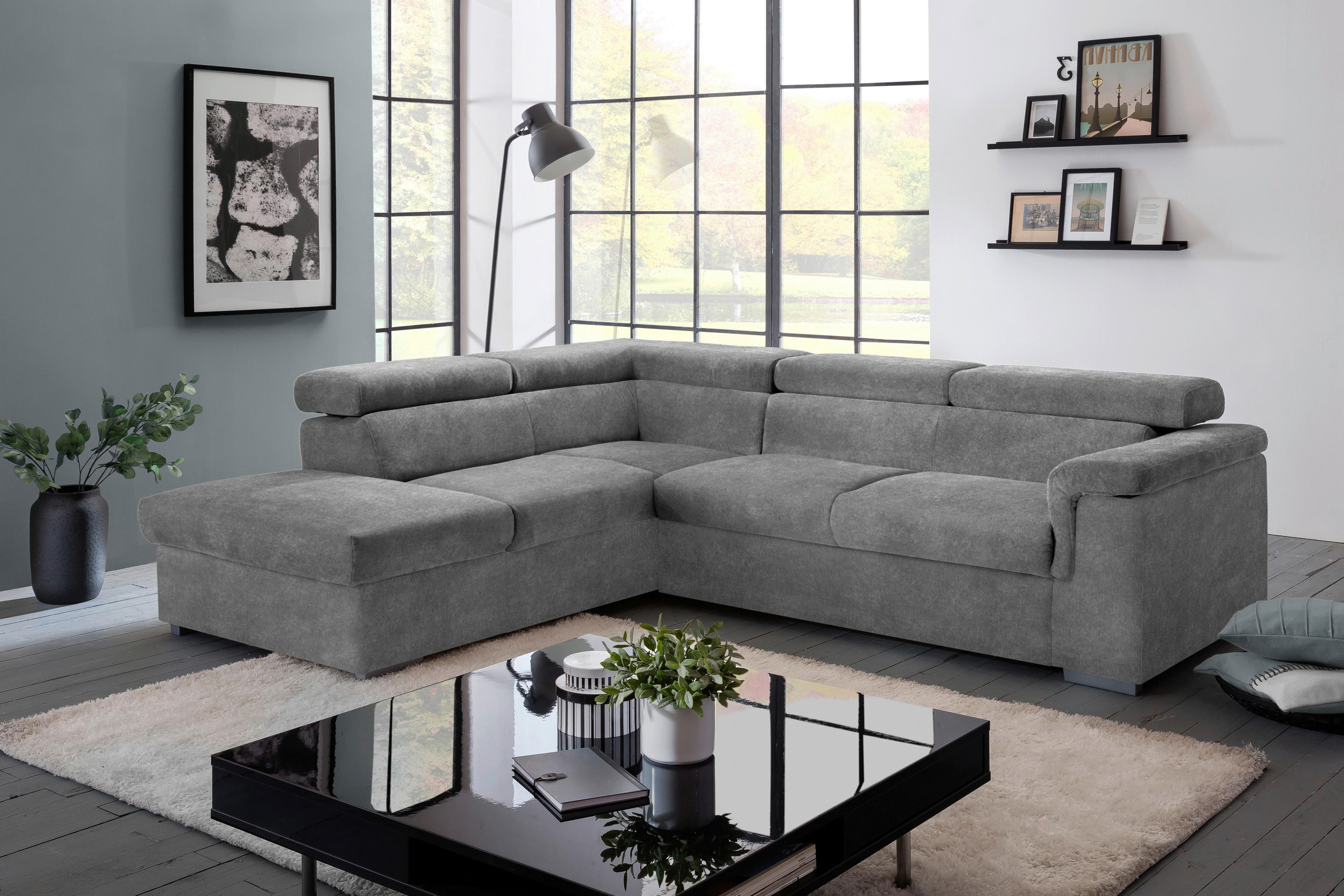 Ecksofa mit Schlaffunktion + Bettkasten Milla, Webstoff - Grau, Basics, Holz/Textil (217/252cm) - MID.YOU
