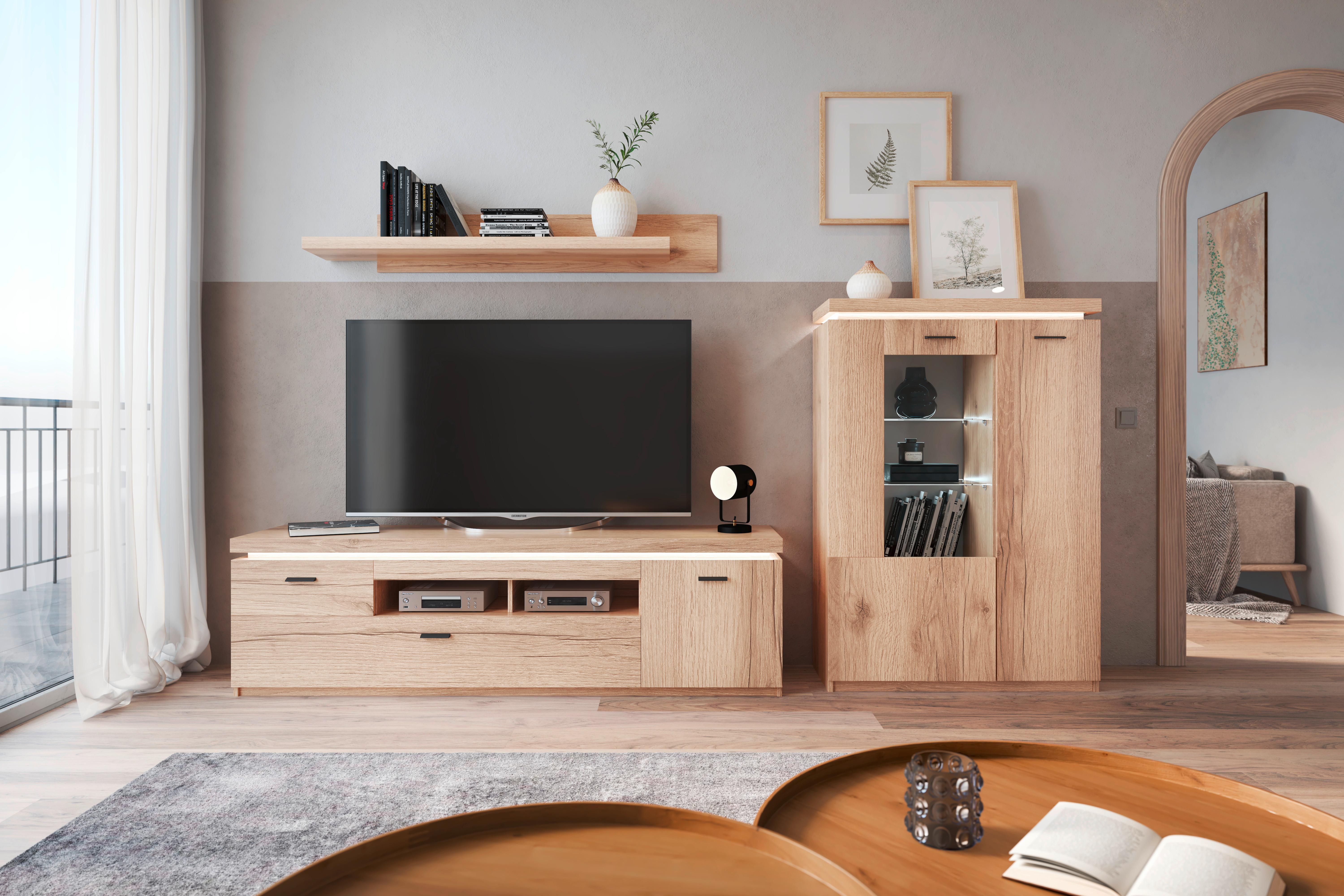 Wohnkombination Modern 3 -Teilig. mit Led Vanvouver, Eiche Dekor - Eichefarben, MODERN, Glas/Holzwerkstoff (294/198/44cm)