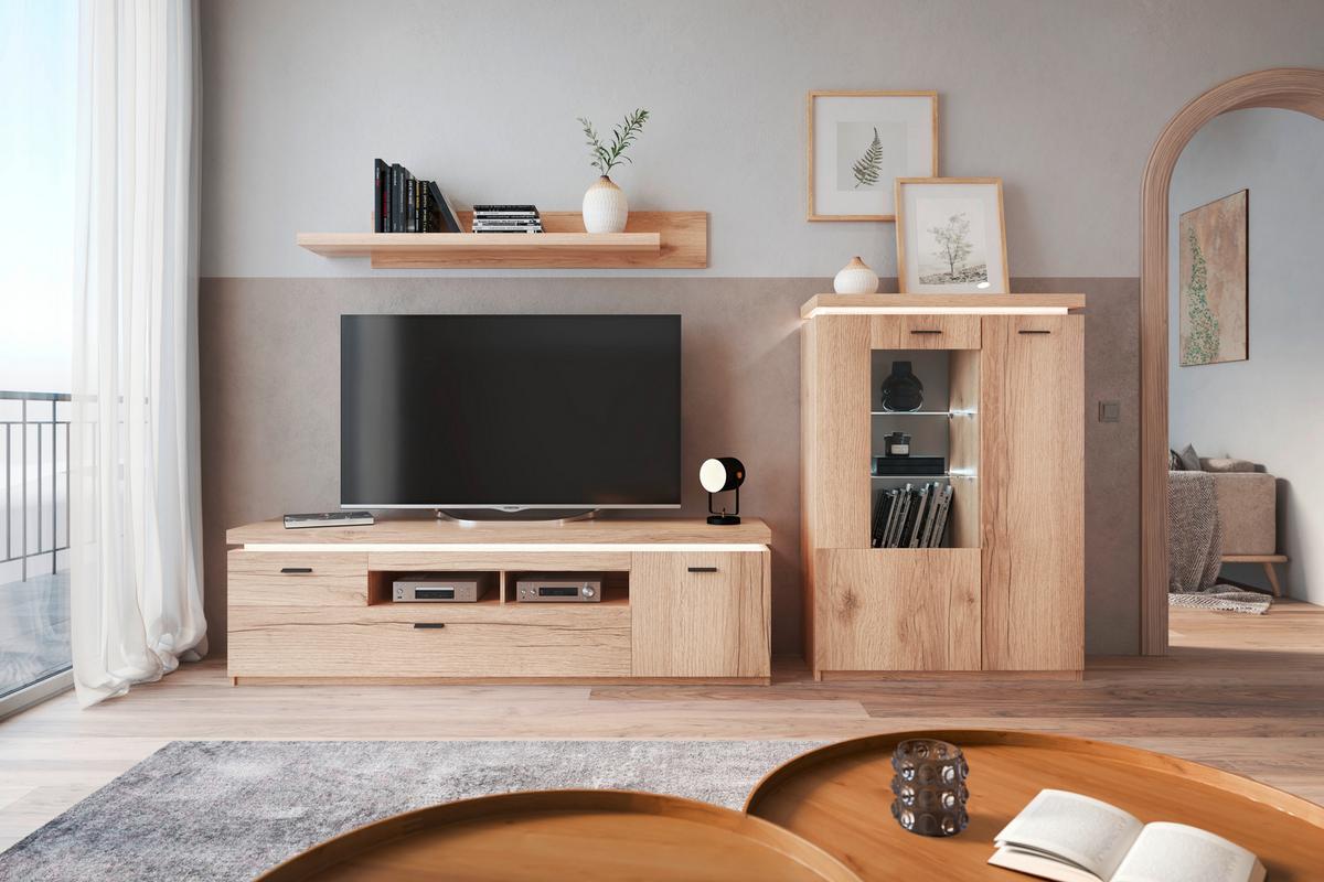 Wohnkombination Modern 3 -Teilig. mit Led Vanvouver, Eiche Dekor - Eichefarben, MODERN, Glas/Holzwerkstoff (294/198/44cm)