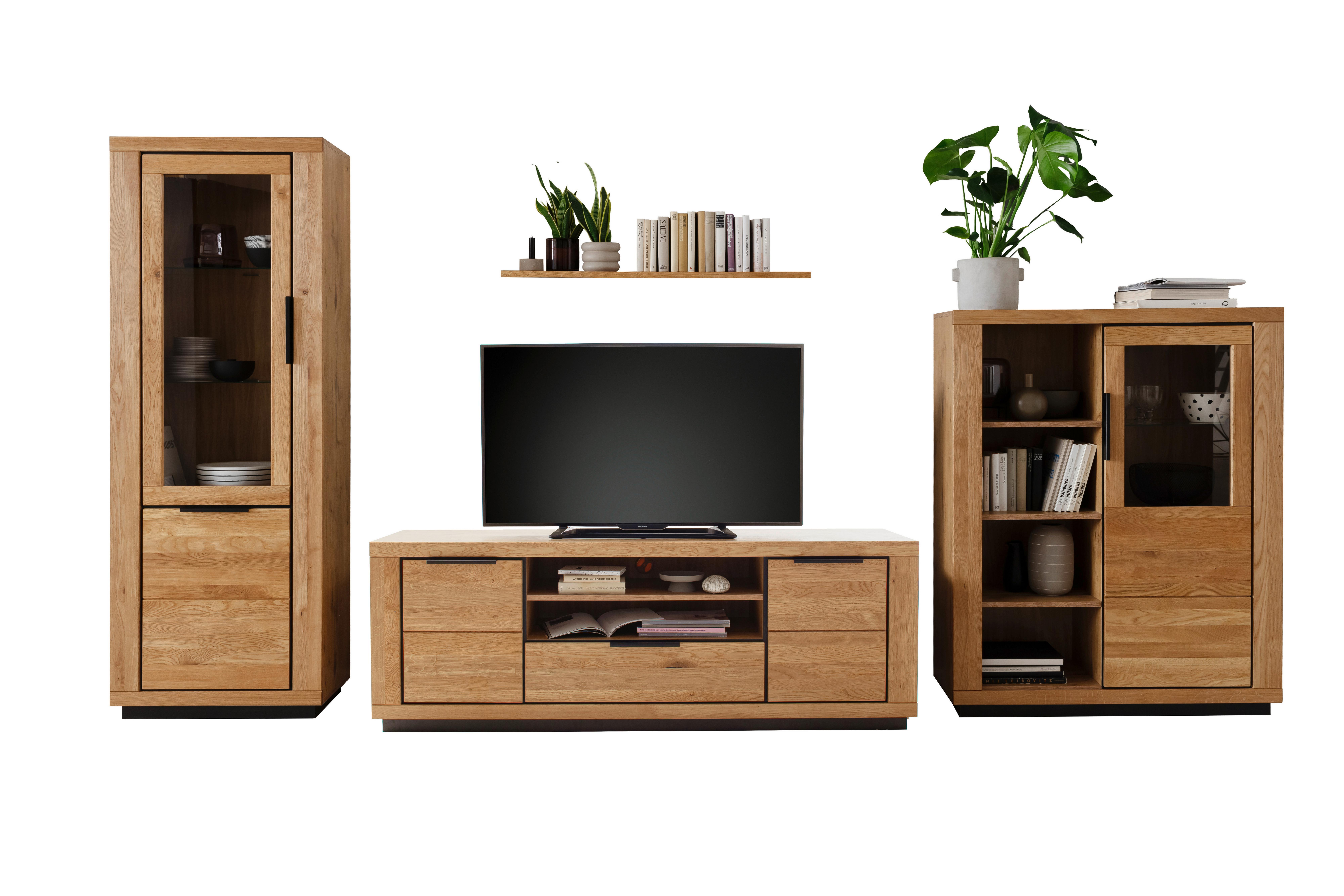 Wohnwand Wildeiche, 407 cm 4-teilig - Wildeiche/Schwarz, Design, Glas/Holz (407/200/54cm) - MID.YOU