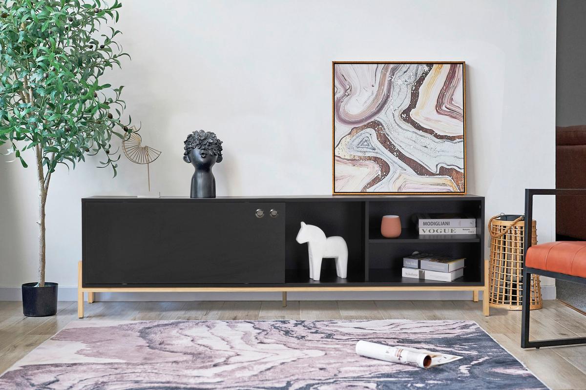 Lowboard Schwarz B: 185cm - Schwarz/Naturfarben, Design, Holzwerkstoff (185/53,5/33,5cm) - Livetastic