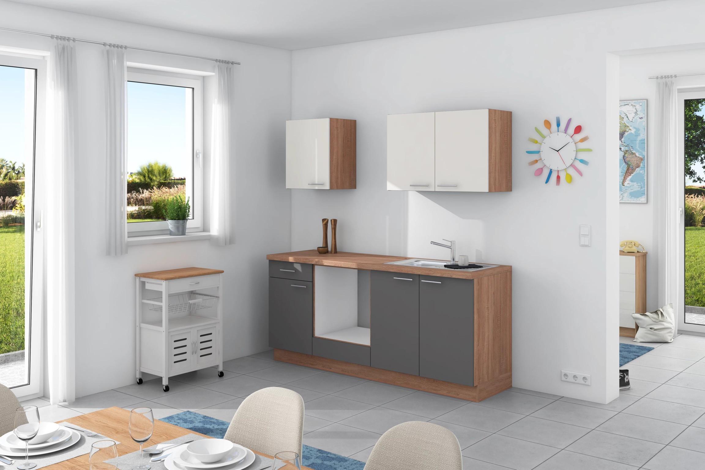 Küchenzeile Base ohne Geräte 200 cm Anthrazit/Weiß/Eiche - Anthrazit/Weiß, Design, Holzwerkstoff (200cm) - Express