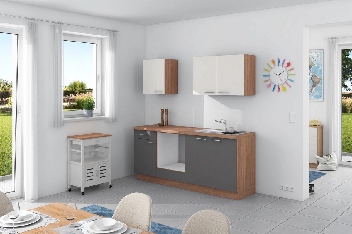 Küchenzeile Base ohne Geräte 200 cm Anthrazit/Weiß/Eiche - Anthrazit/Weiß, Design, Holzwerkstoff (200cm) - Express