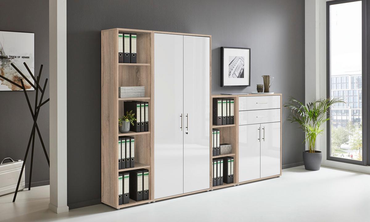 Aktenschrank Office Edition Weiß Hg/Eiche Dekor B: 257cm - Weiß Hochglanz/Sonoma Eiche, MODERN, Holzwerkstoff (257/185,6/33cm) - MID.YOU