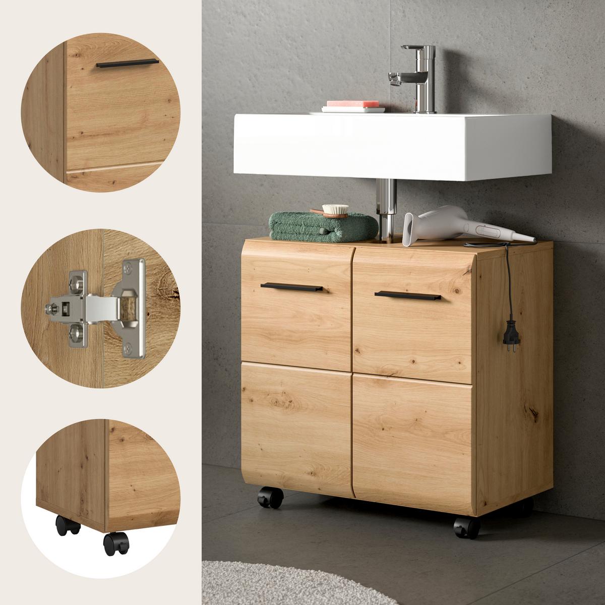 WASCHBECKENUNTERSCHRANK Ice Eiche Dekor B: 60cm - Schwarz/Eiche Artisan, Trend, Holzwerkstoff (60/58/30cm) - MID.YOU