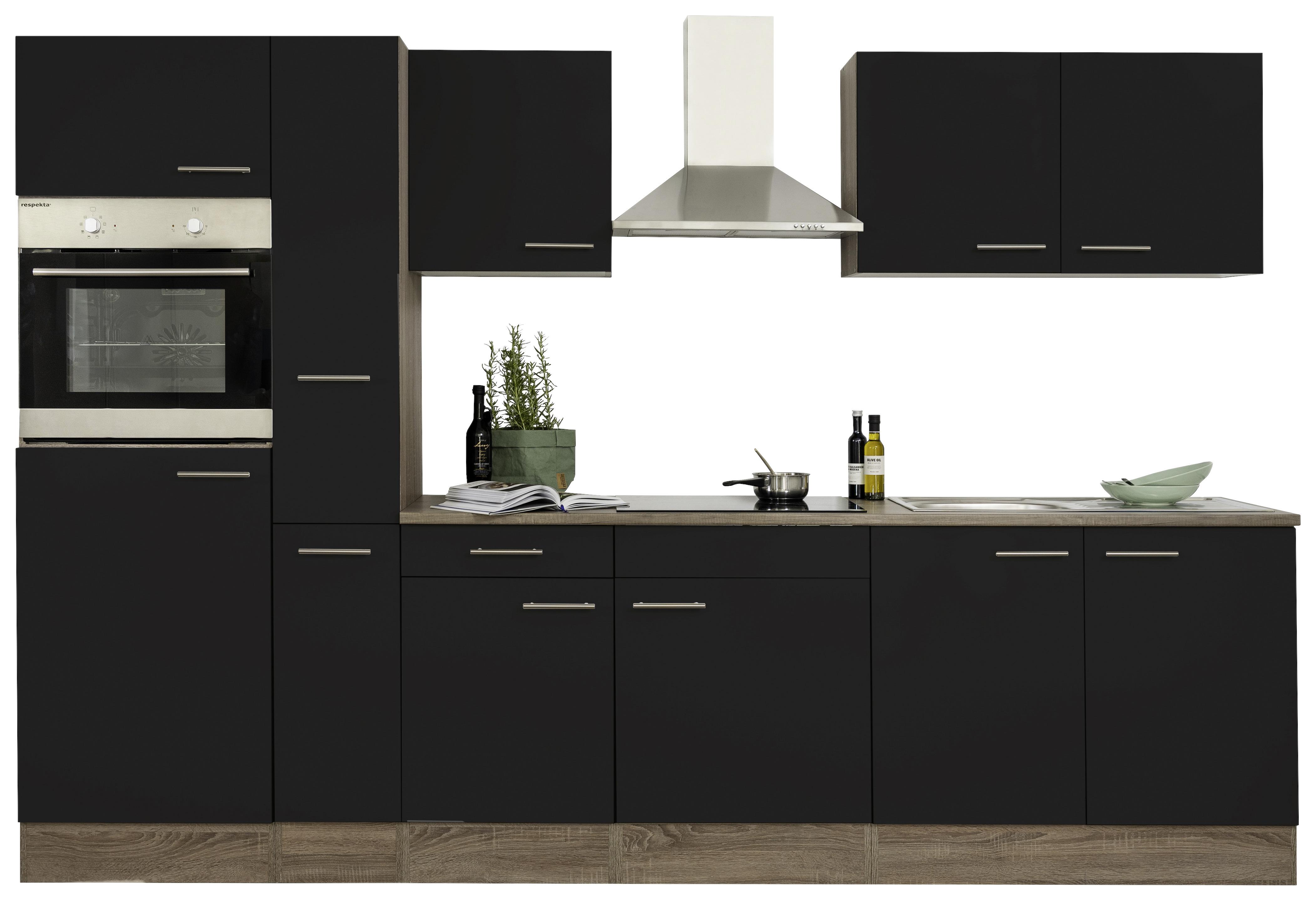 Küchenzeile mit Geräten B: 300 cm Schwarz/Eiche Dekor - Eichefarben/Schwarz, Design, Holzwerkstoff (300cm) - Respekta