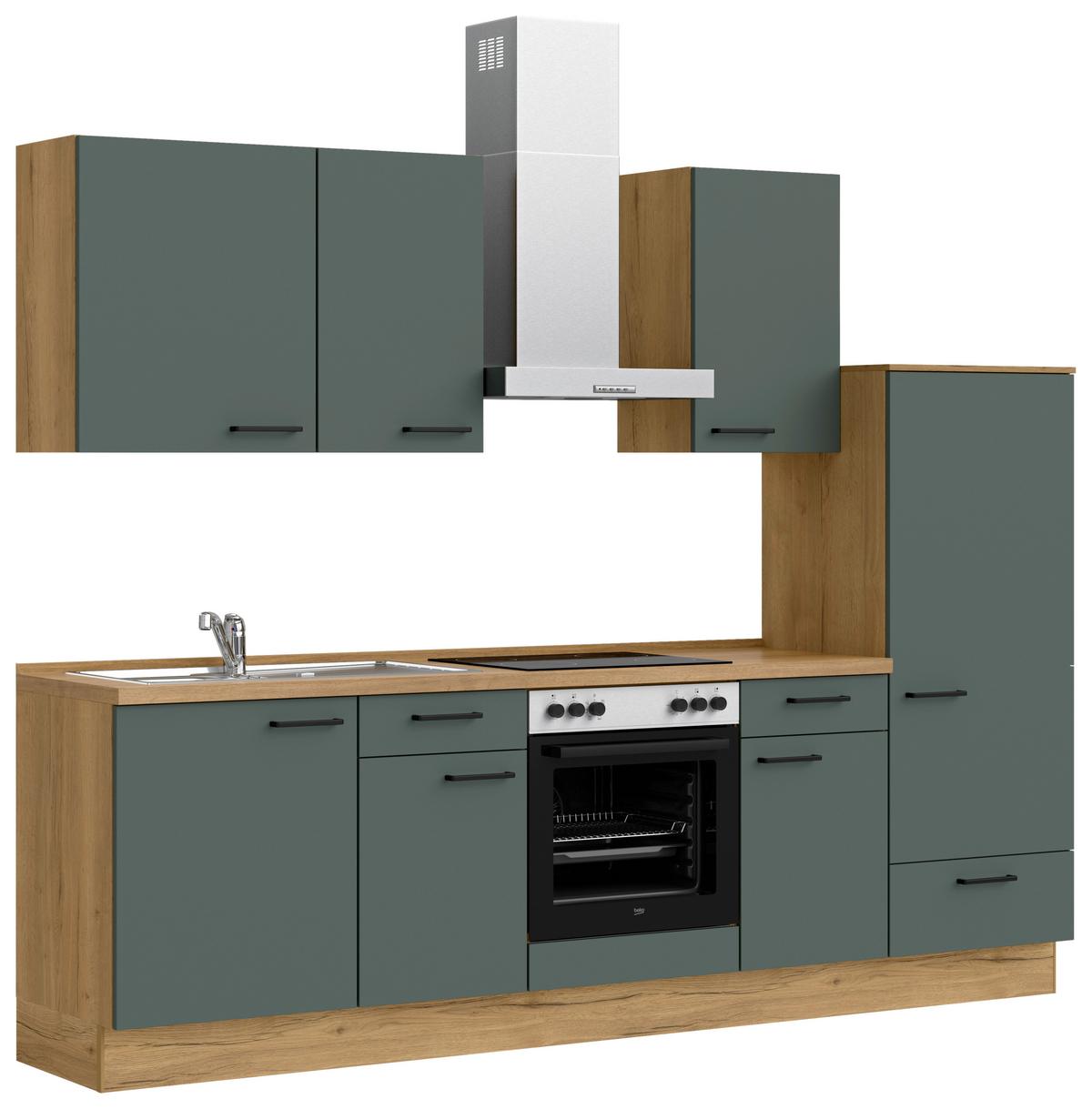 Kuchyňská linka 270 cm, minerální zelená,ultra matná - barvy dubu/černá, Moderní, kov/kompozitní dřevo (270cm) - Nobilia