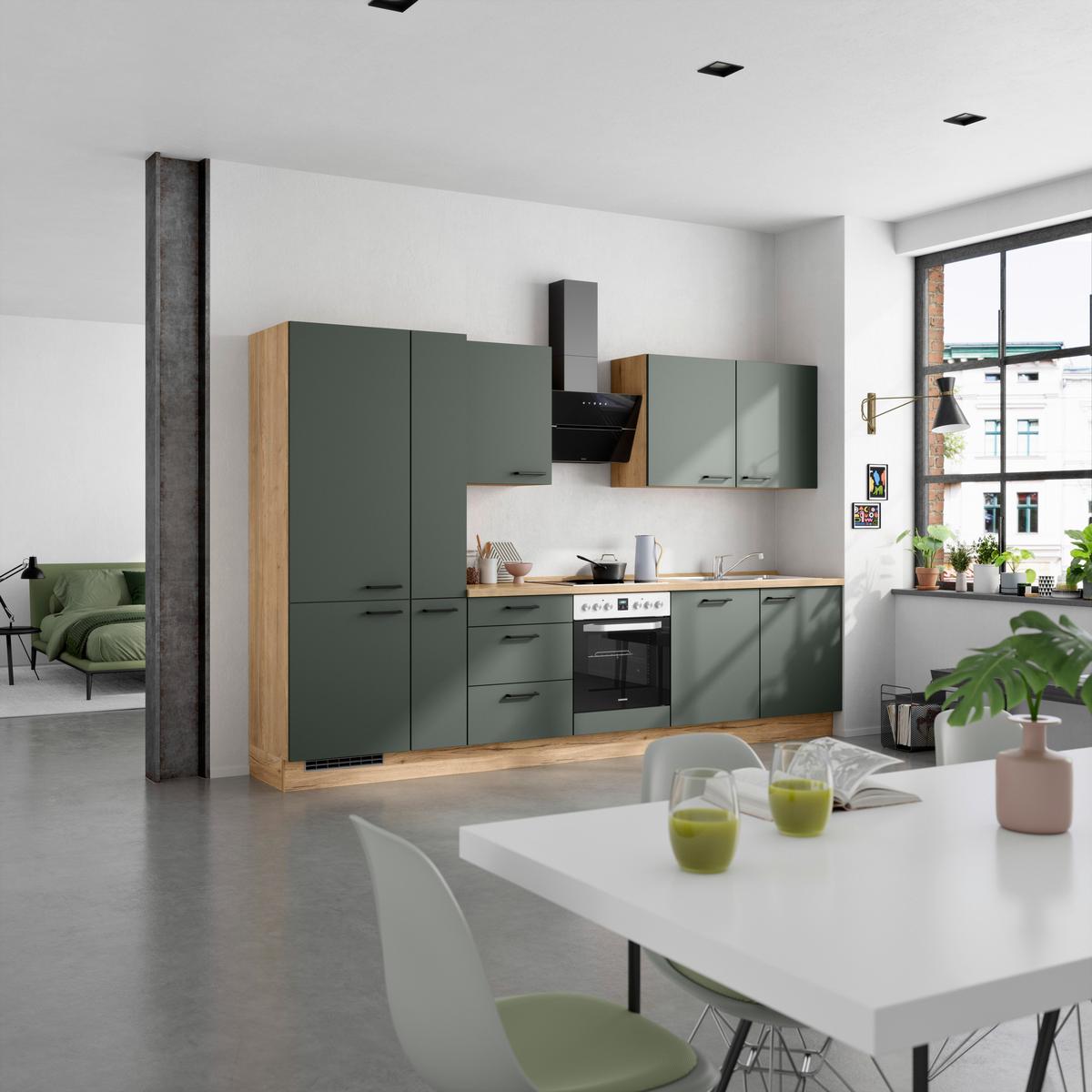 Küchenleerblock Easytouch High-Line, H11 Links - Dunkelgrün/Eichefarben, MODERN, Holzwerkstoff (330cm) - Nobilia