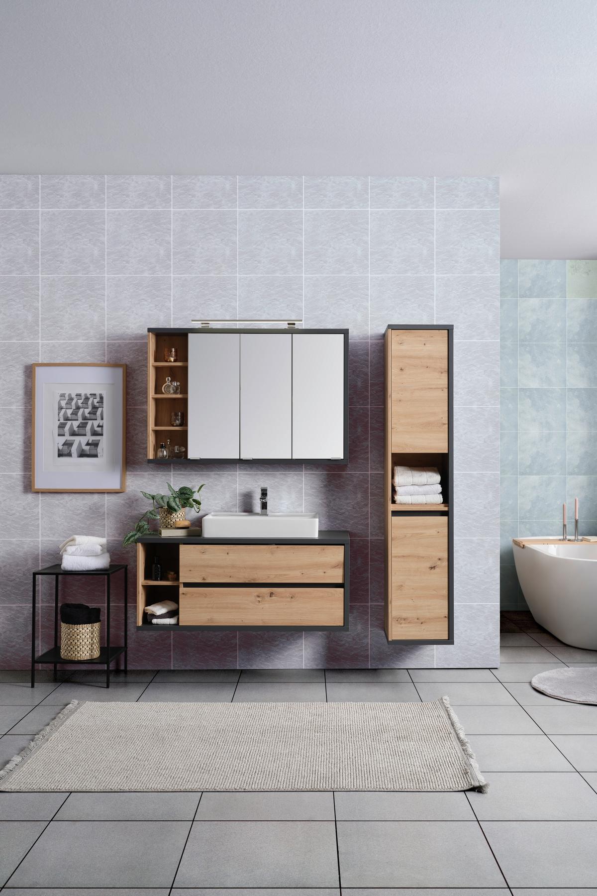Waschbeckenunterschrank Camillo B: 110 Cm, Eichefarben - Weiß Hochglanz/Anthrazit, MODERN, Keramik/Holzwerkstoff (110/48/46cm)