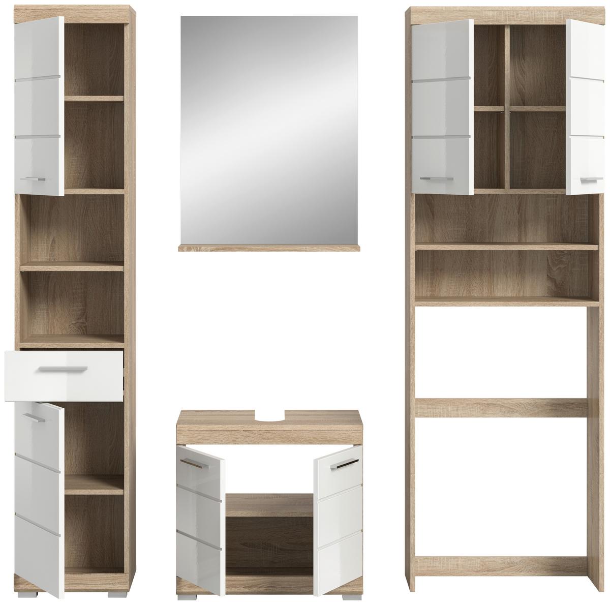 Badezimmer Lambada Eiche Dekor/weiß B: 160 Cm - Weiß Hochglanz/Silberfarben, MODERN, Glas/Holzwerkstoff (160cm) - MID.YOU