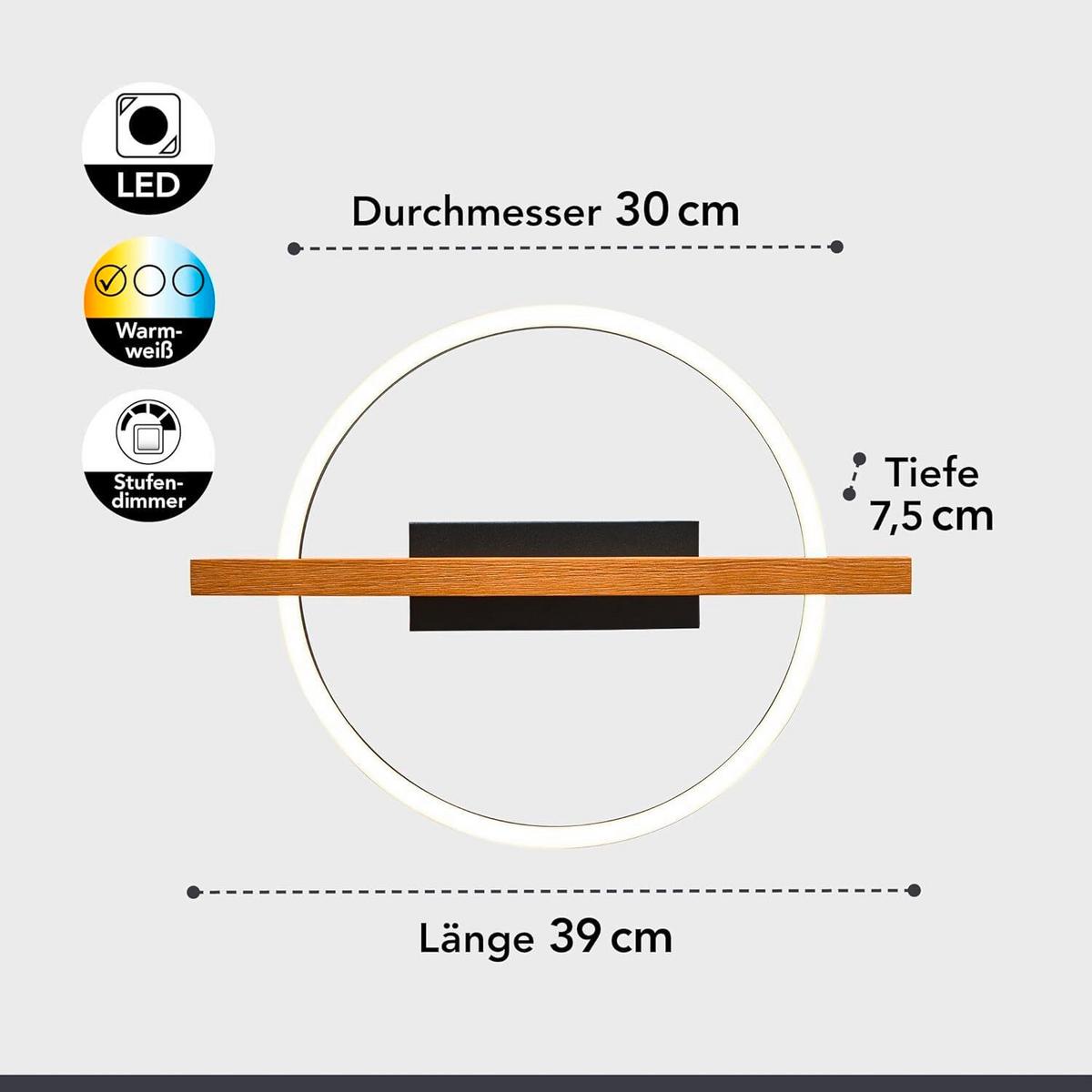 LED-Deckenleuchte Nero Schwarz L: 39 cm - Natur, Holz (39/30/7.5cm)
