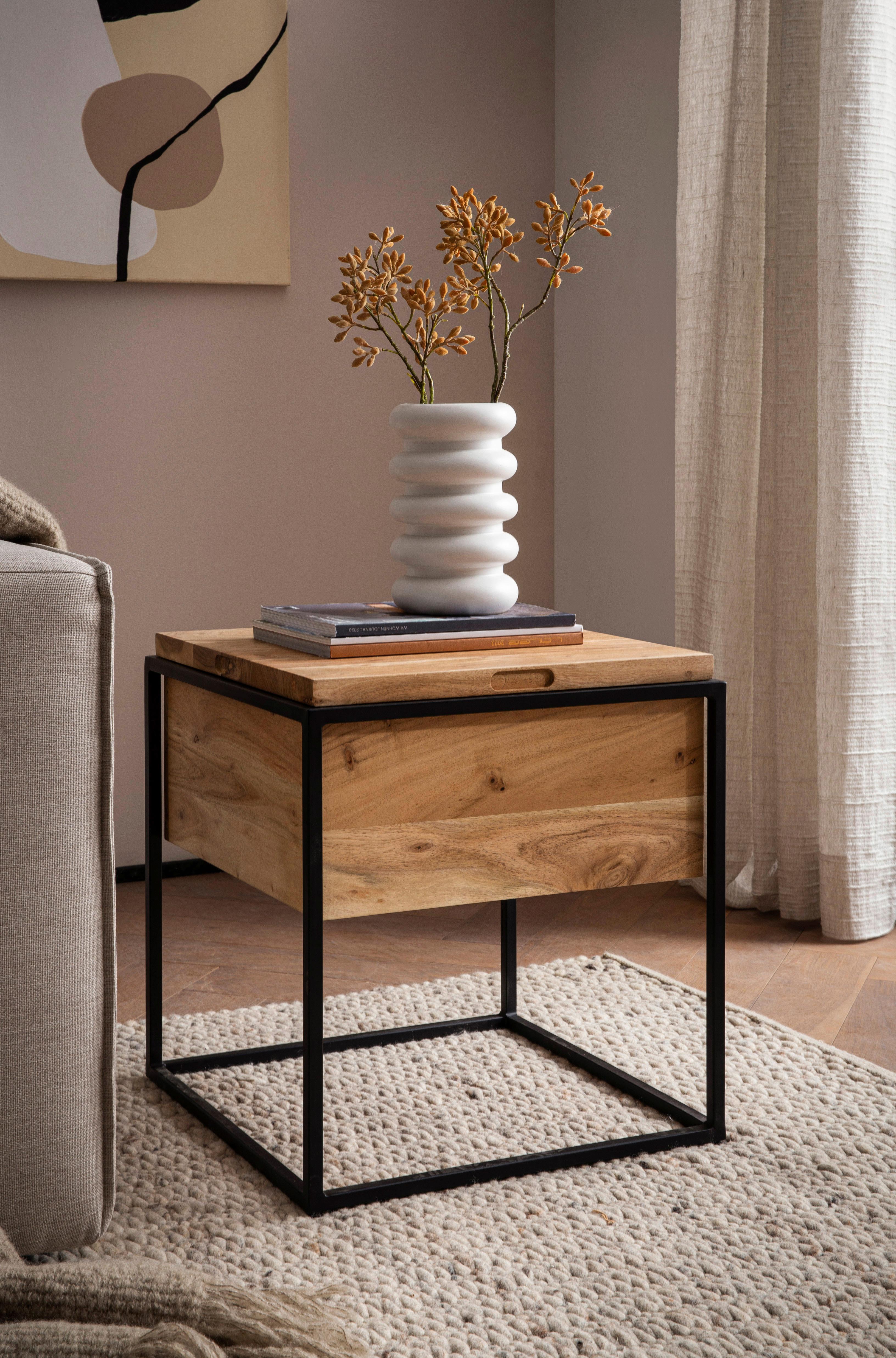 Beistelltisch Akaziefarben L: 47 cm - Schwarz/Akaziefarben, Design, Holz/Metall (47/47/51,5cm) - Livetastic