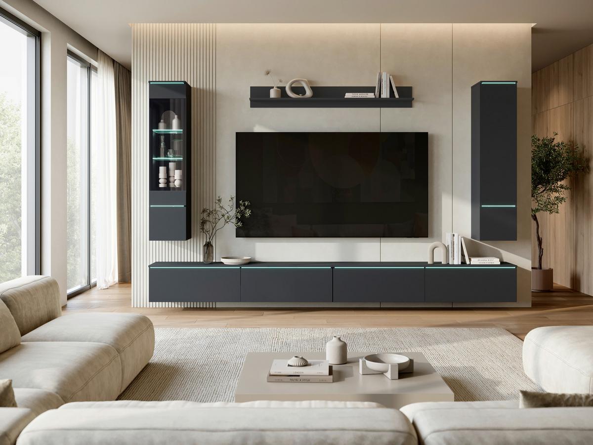 Wohnwand Vera Xxl Schwarz Matt B: 300cm - Schwarz/Grau, Basics, Glas/Holzwerkstoff (300/162/33cm) - P & B