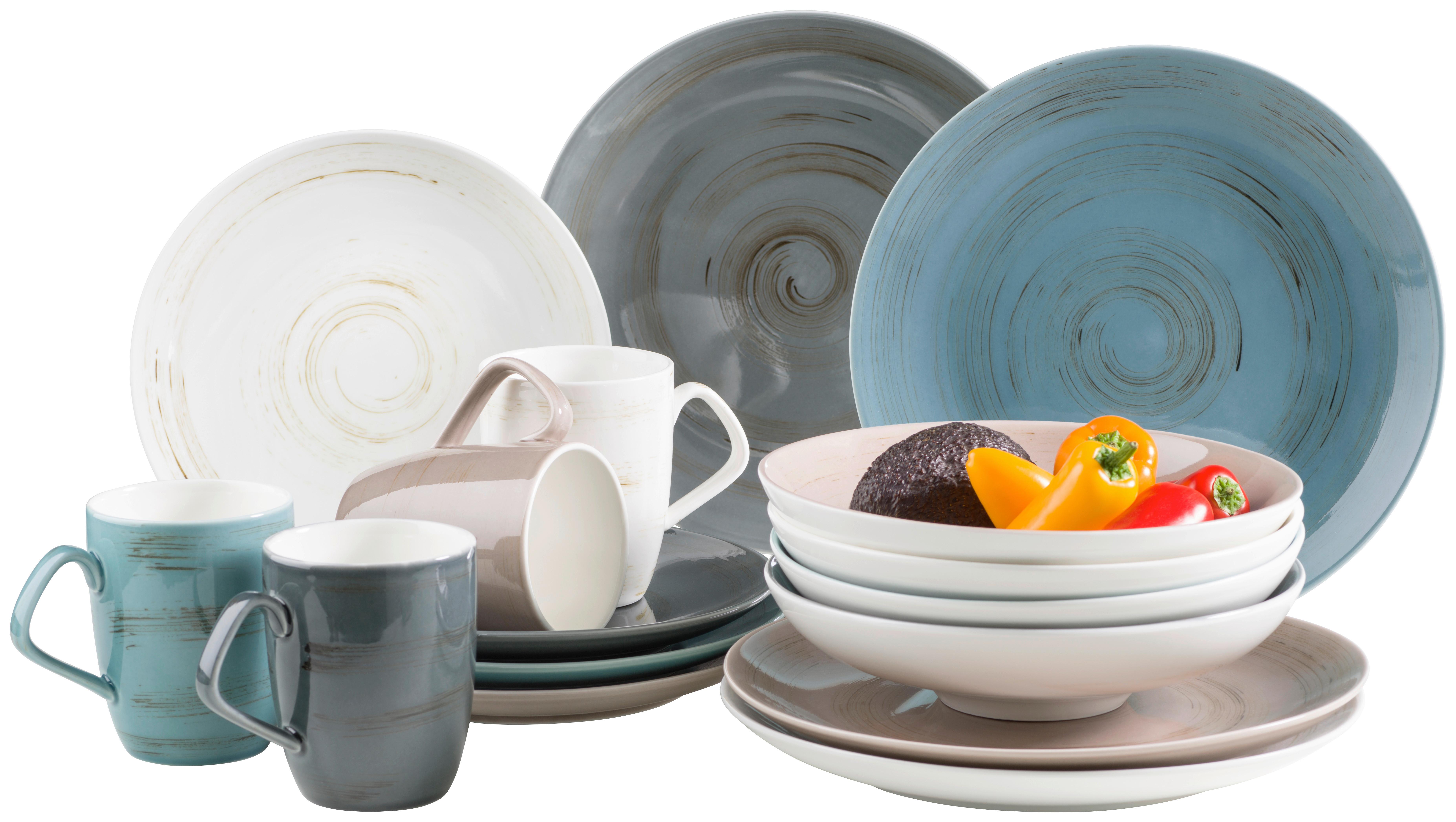 Kombiservice Derby Blau Grau Weiß Beige - Blau/Beige, Basics, Keramik (33/31,5/35cm) - Mäser