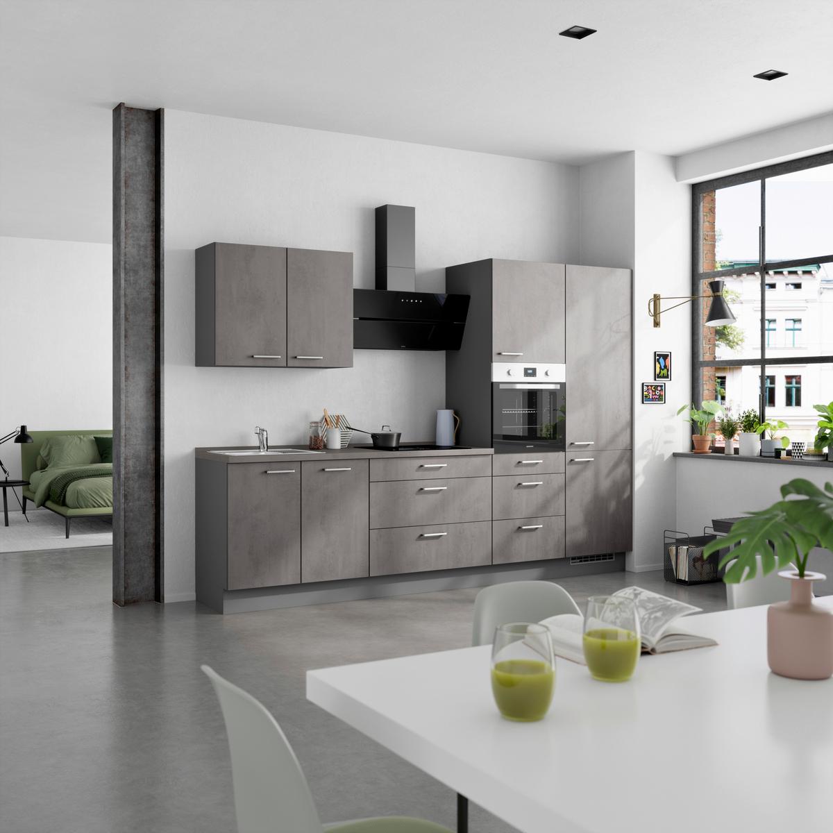 Kuchynská linka 300 cm, bridl.šedý betón/bridl.šedá - biela/farba ušľachtilej ocele, Modern, kov/kompozitné drevo (300cm) - Nobilia