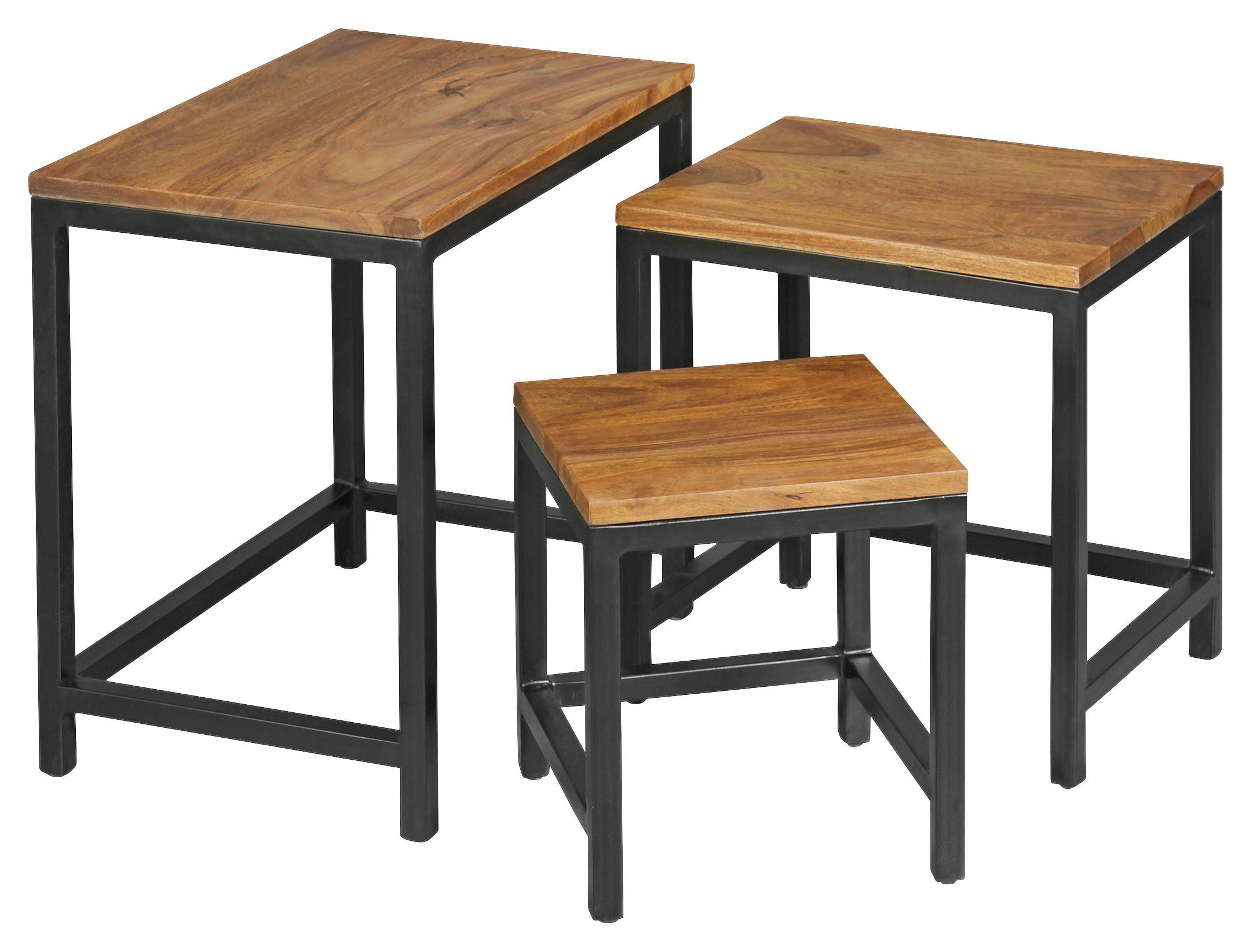 Beistelltisch Mit Holzplatte 3er-Set Akola Sheesham/schwarz